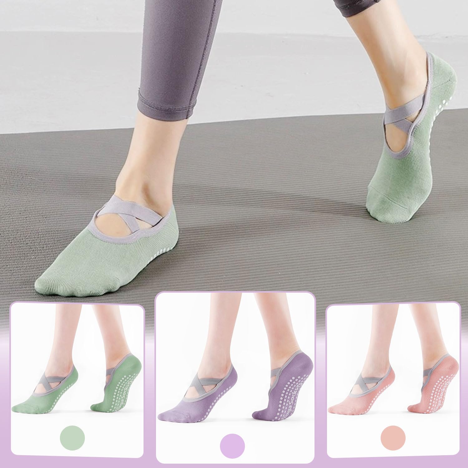 BendJoy 3Pairs Non Slip Yoga Socks for Women - Breathable Cotton Anti Skid Pilates Casual Grip Socks for Yoga, Ballet, Barefoot Workout, 4.5-7.5 UK, Purple