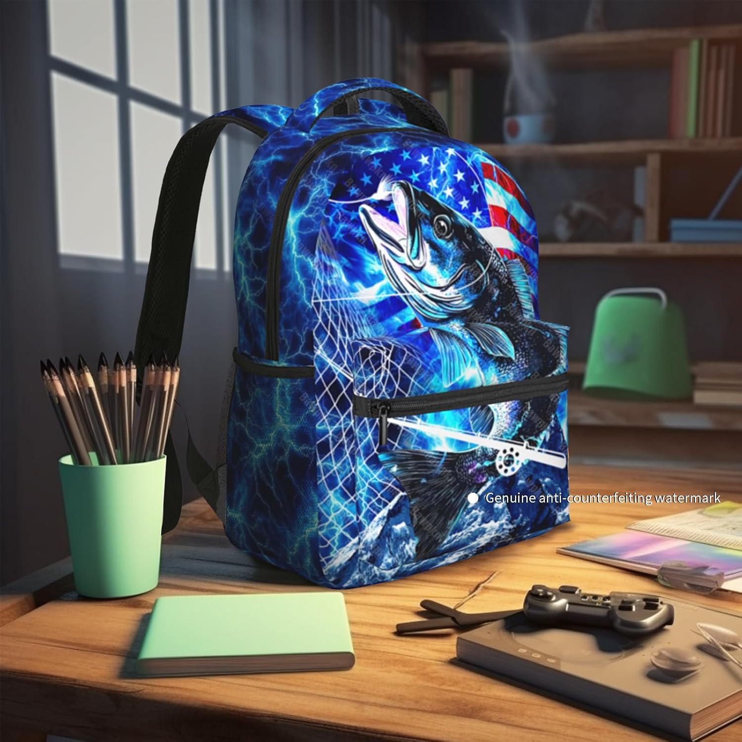Bass Fish Backpacks for Kids Blue American Flag Schoolbag for Teenage Girls Boys Cute Children Book Bag for Preschool Kindergarten Bookbags Nursery Daycare Back to School Gifts