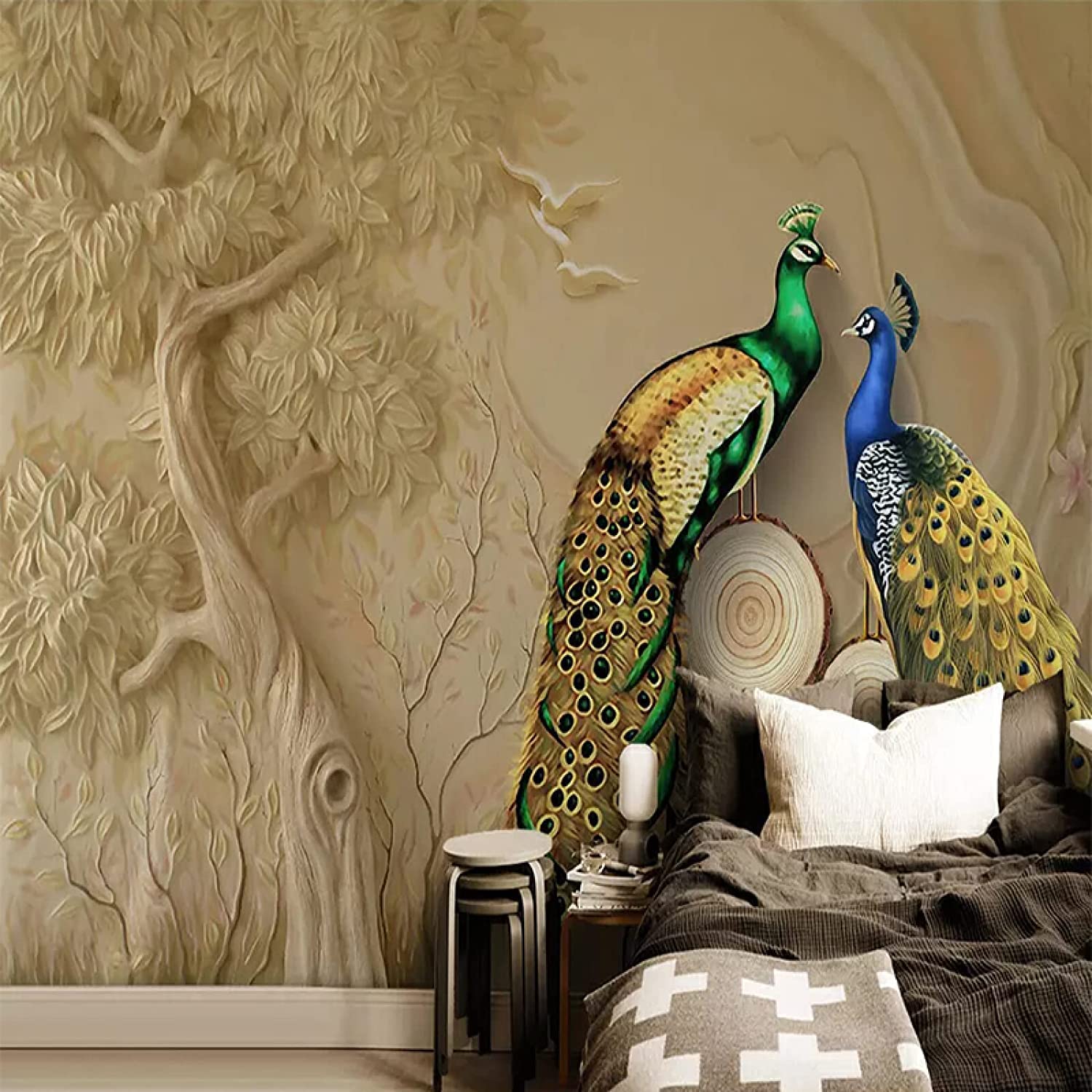 Papel Pintado Mural, 3D Pareja De Animales Pavo Real Papel Pintado Autoadhesivo Peel And Stick Para Sala De Estar, Dormitorio, Tv, Fondo, Oficina, Restaurante, Habitación, Pós 350(ancho)x256(alto)cm