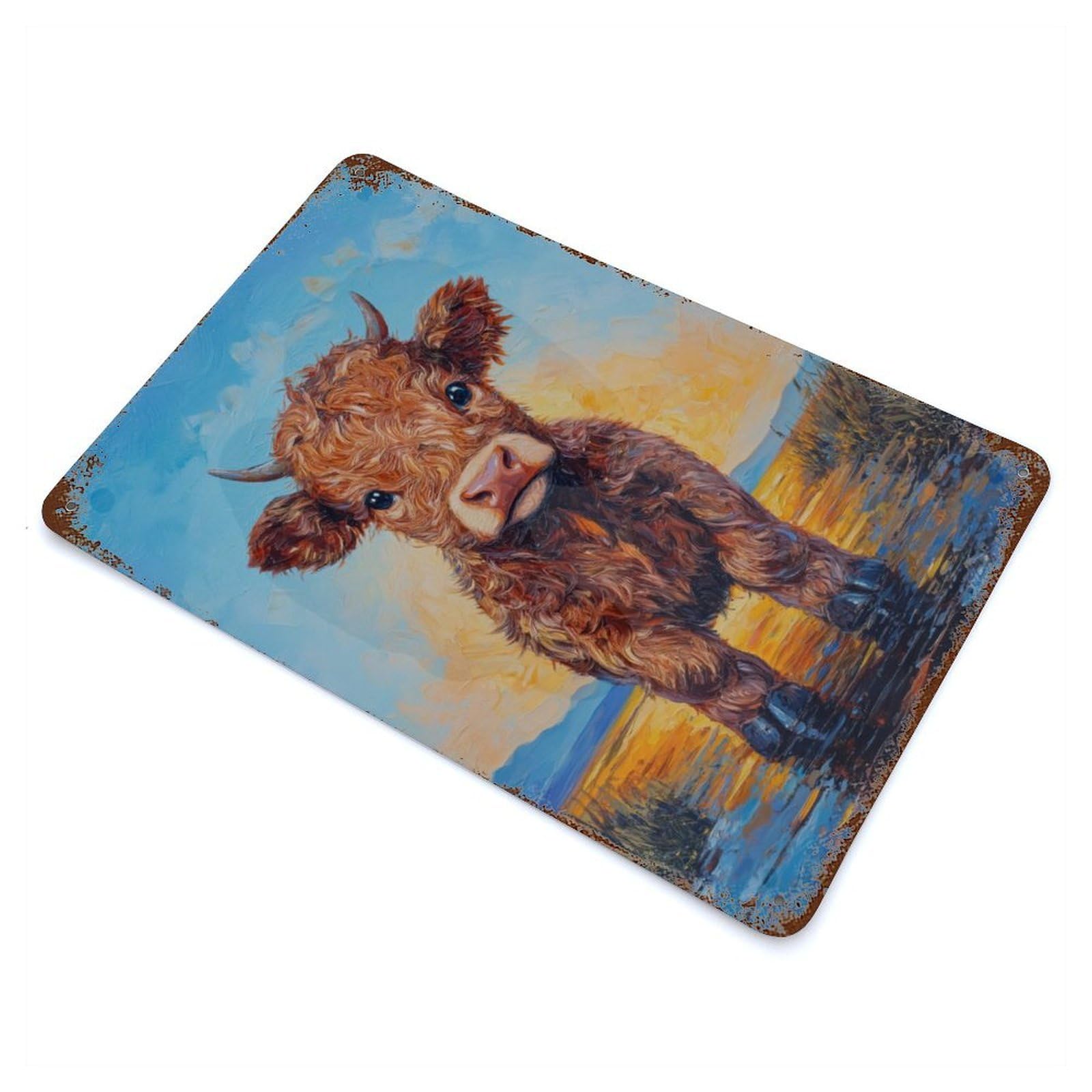 Aged Metal Wall Plaque with Highland Calf Painting Design 11.8"x7.9", for Farmhouse, Kitchen And Entryway Decor, Old School Wall Decor