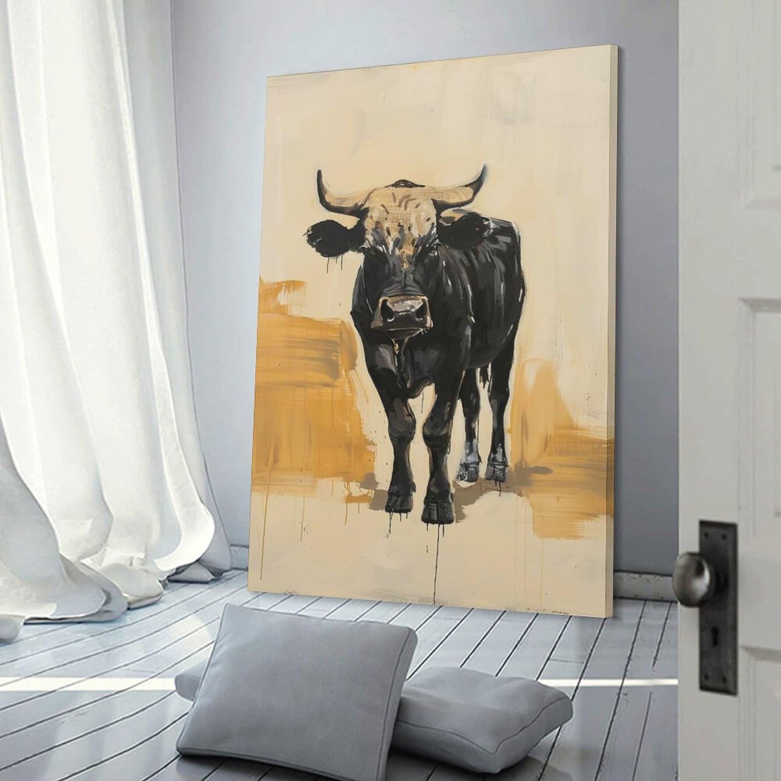Junmoney Frame-Style-21 Canvas Wall Picture Black Bull Painting, 24X36inch(60X90cm), For Bedroom, Lounge Or Dressing Area, Stylish Decor For A Restful Room Update
