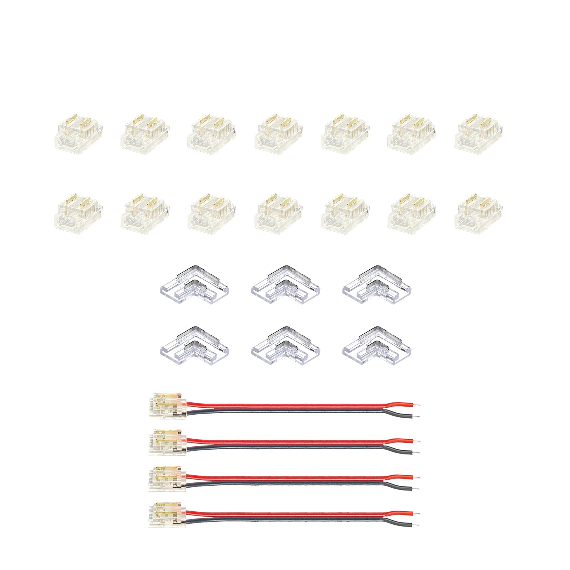 Clearhill 5mm 2Pin 24PCS Press-in Assembly COB LED Strip Connector Corner Kit,14PCS Strip to Strip,6PCS L-Shape,4PCS Strip to Wire +10cm Cable,for 5V 12V 24V Strip