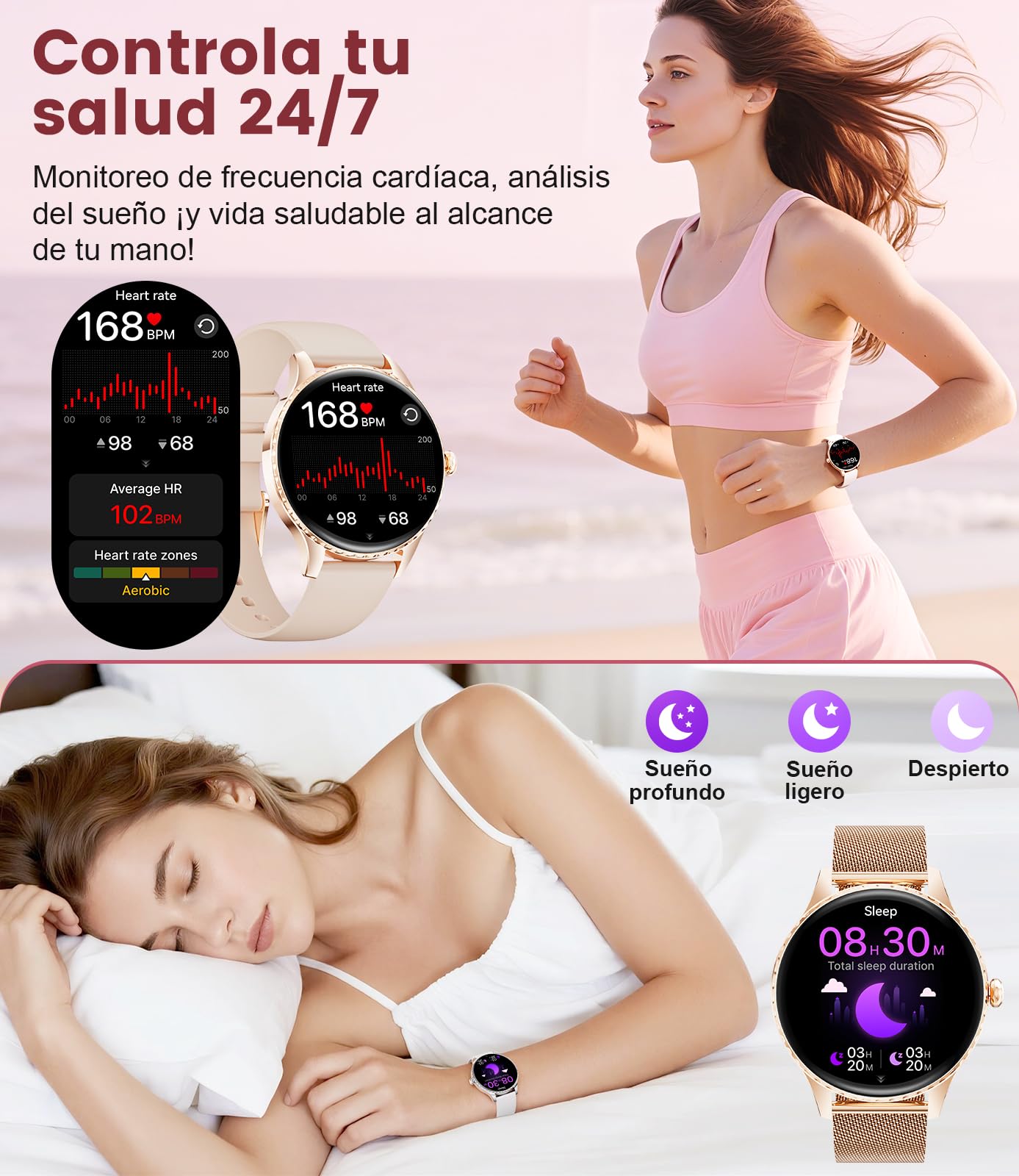 Reloj Inteligente Mujer Redondo,1.32"Amoled/Llamadas Bluetooth,SmartWatch Mujer con Función Femenina/Monitor de Sueño/24H Pulsometro,110+ Deportes/IP68 para iOS Android (Malla de oro rosa)