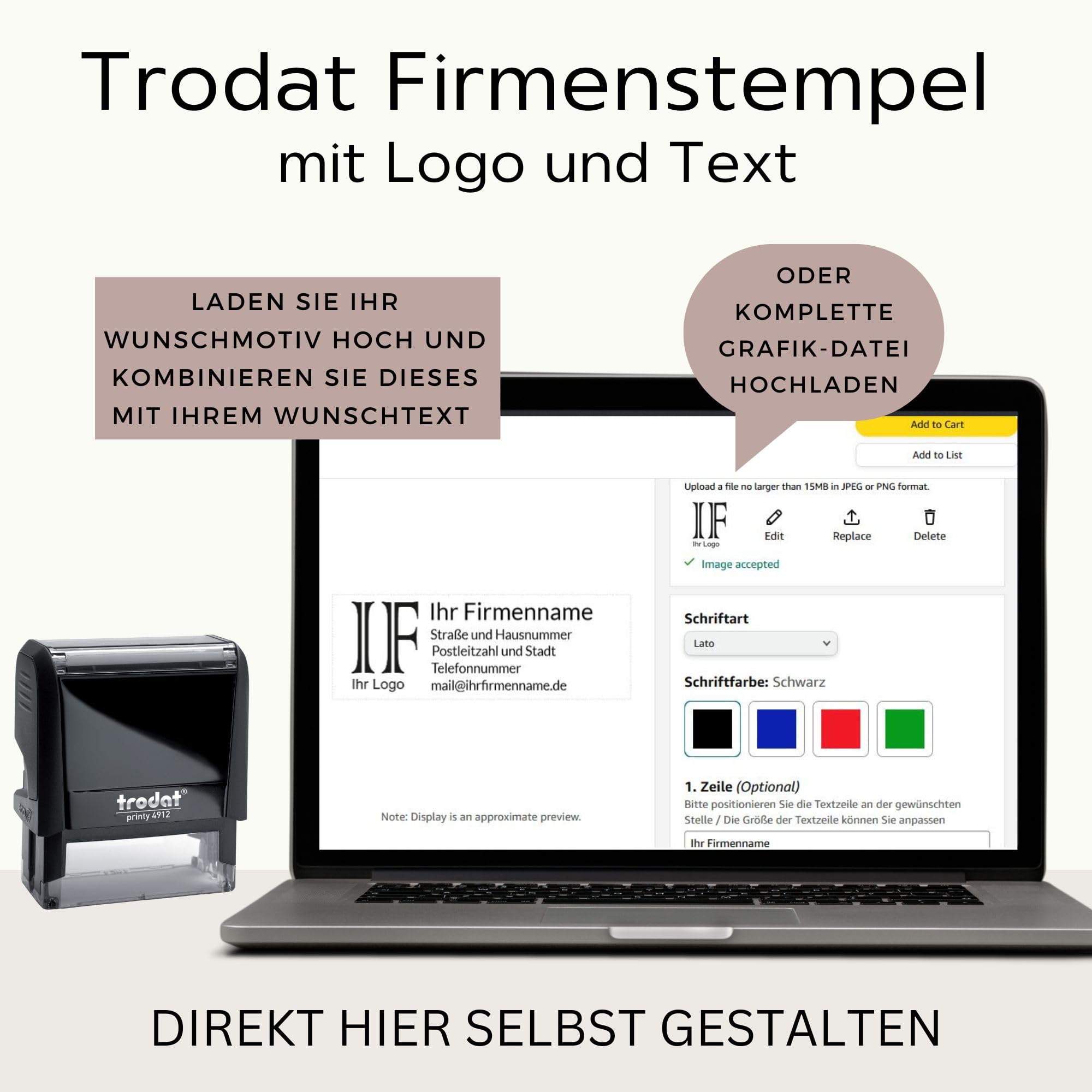 Trodat Firmenstempel mit Logo und Text – Printy 4912 Personalisierter Stempel inklusive Grafik und Wunschtext, Selbstfärbend, Abdruck 47 x 18 mm