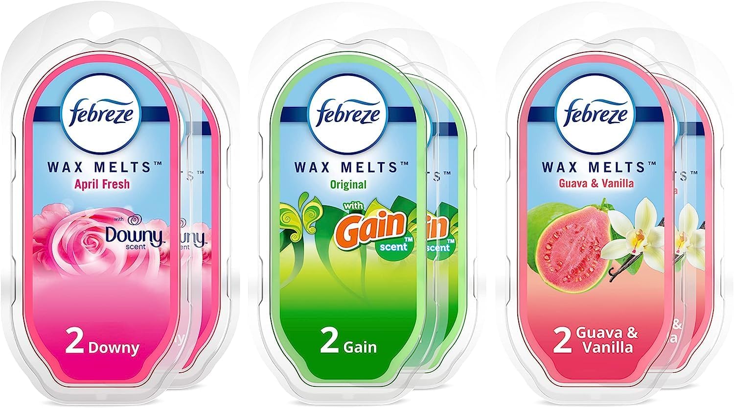 Febreze Wax Melts Wax Warmer Cubes, 2.5 oz. Pack of 6, Guava & Vanilla, Downy April Fresh, Gain Original Scent, (6 Cubes Each), Odor-Fighting Scented