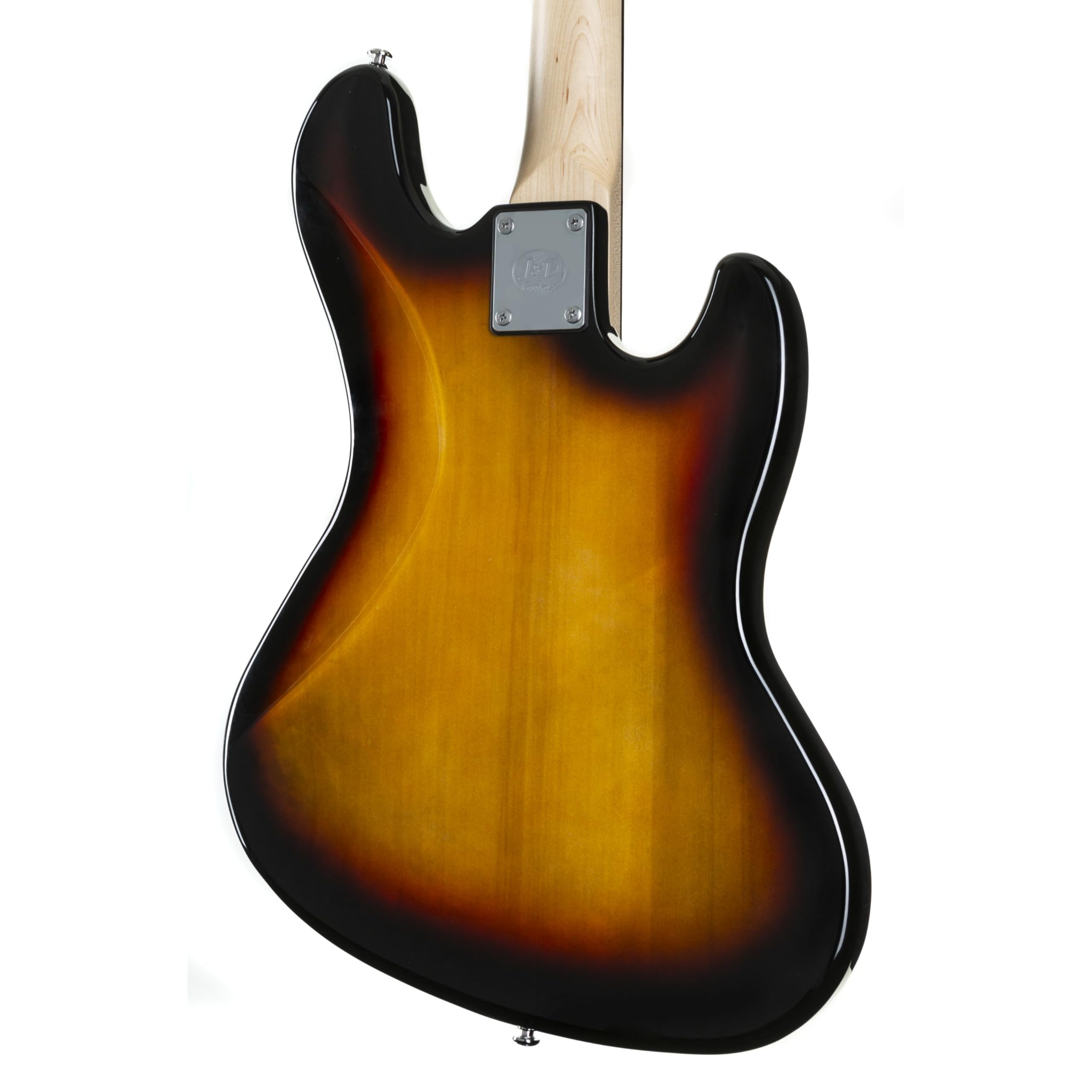 J & D JB E-Bass für Linkshänder, Bass mit Lindenkorpus und geschraubten Ahonhals in sunburst, Bassgitarre mit 2 Single Coils und Vintage-Style Bridge