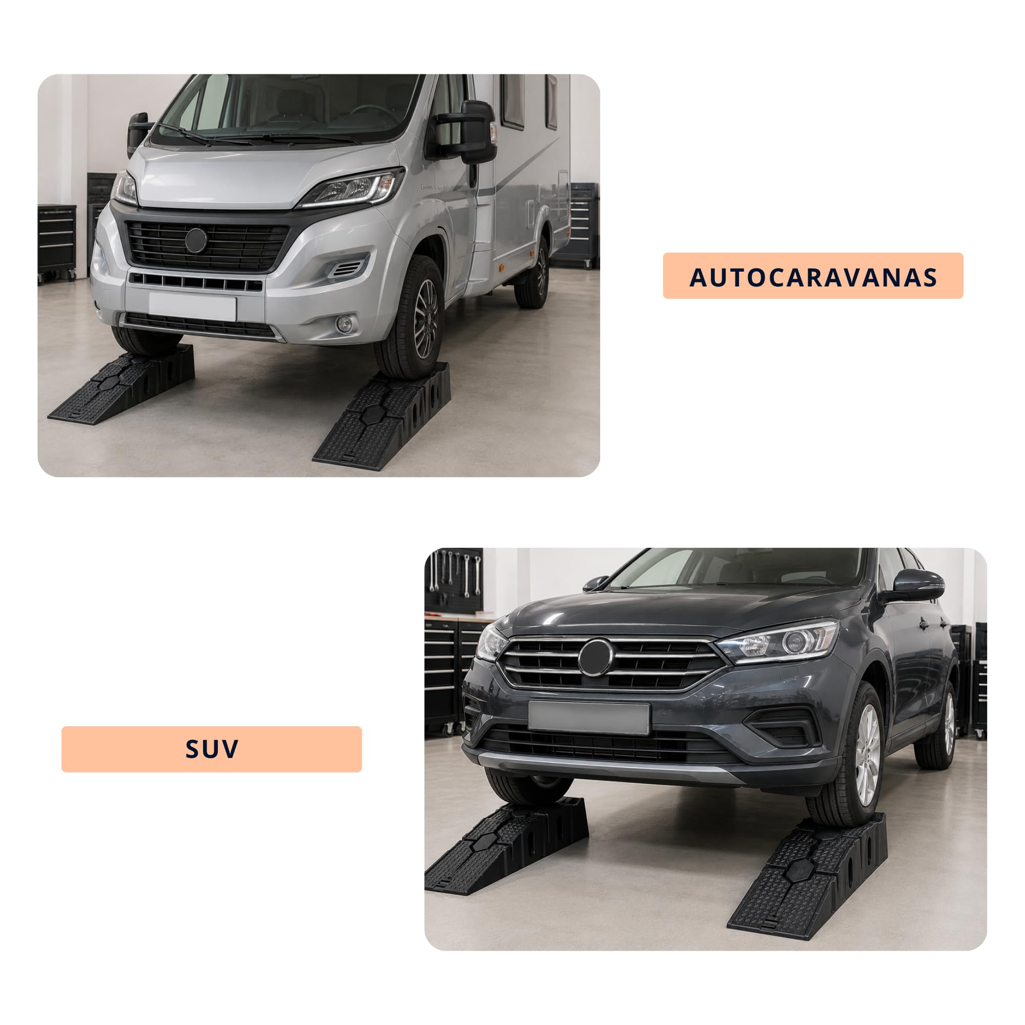 Rampas Elevadoras para Coche, Juego de 2, Plástico Composite, Capacidad 2,5 Toneladas, Antideslizantes, con Tope de Seguridad, para Talleres y Garajes