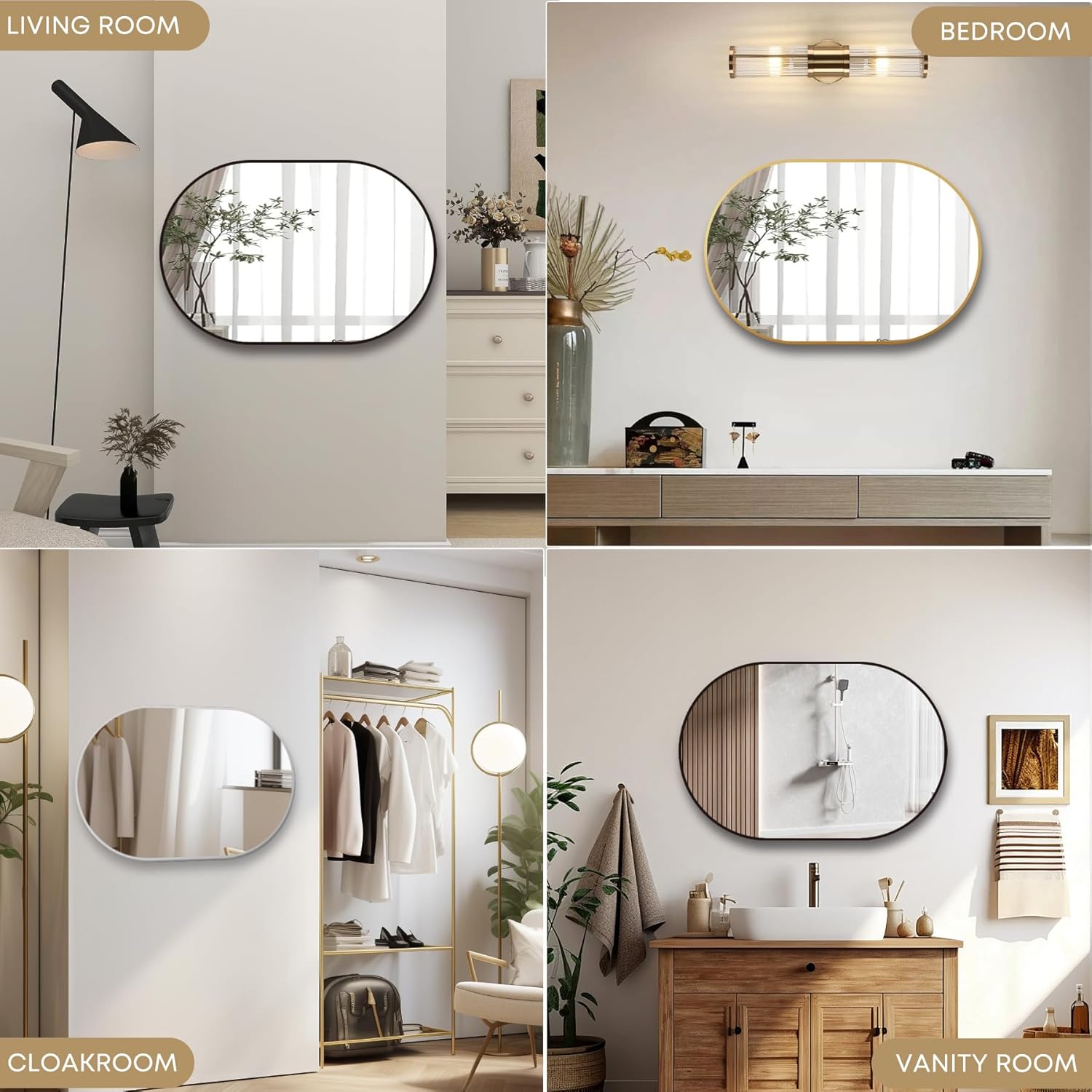 Oval Wall Mounted Mirror, 20"x30" Mirror with Aluminum Alloy Frame, Black Oval Mirror for Bathroom, Bedroom, Living Room,Gold