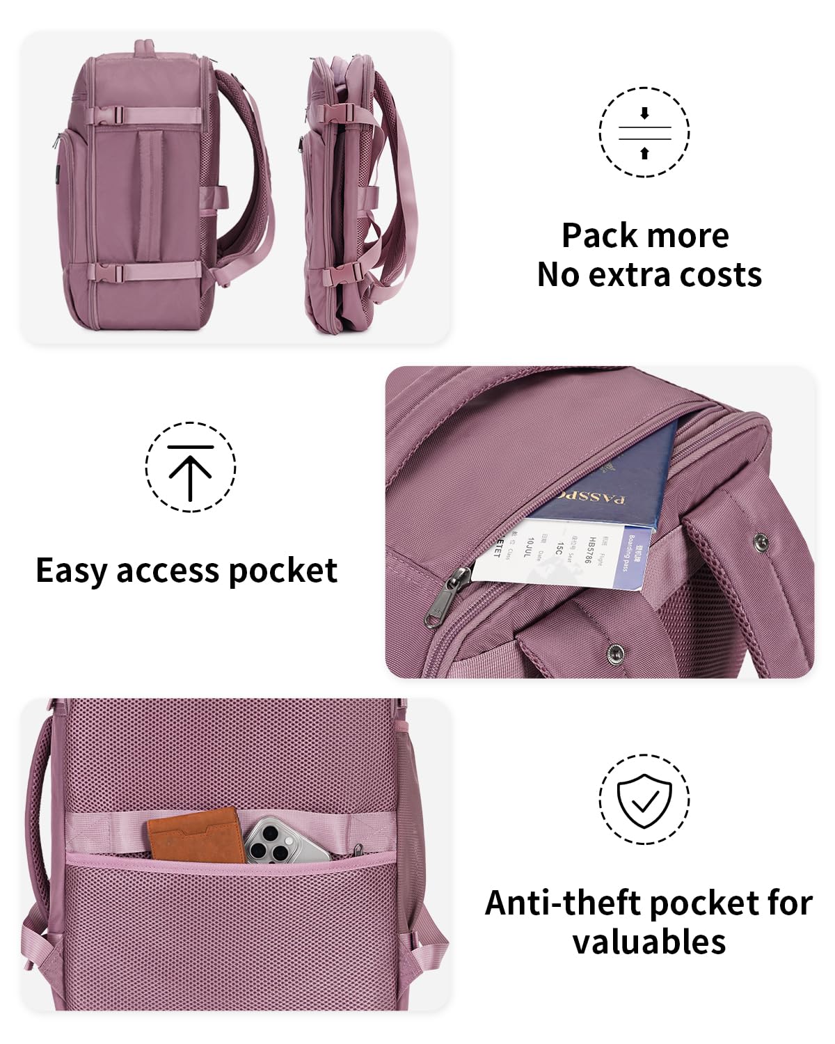 ECOHUB Zaino Bagaglio a Mano Easyjet 45x36x20 Zaino Valigia Viaggio Aereo Sotto il Sedile 13 Tache Zaino da Cabina Porta USB Grande Impermeabile Ecologica in PET Riciclato da 30 Litri(Rosa)