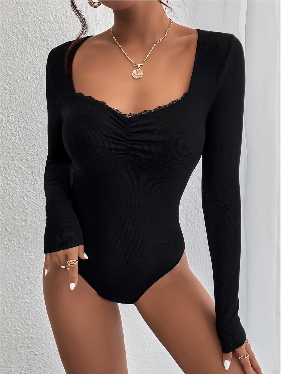WDIRARA Women's Sweetheart Neck Long Sleeve Bodysuit Ruched Leotard Body Suit - Image 4