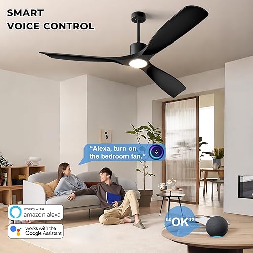 Miniatura 2 de Ventilador de techo inteligente moderno con luz y control remoto, 52 pulgadas, negro, 3 aspas para dormitorio, sala de estar y patios