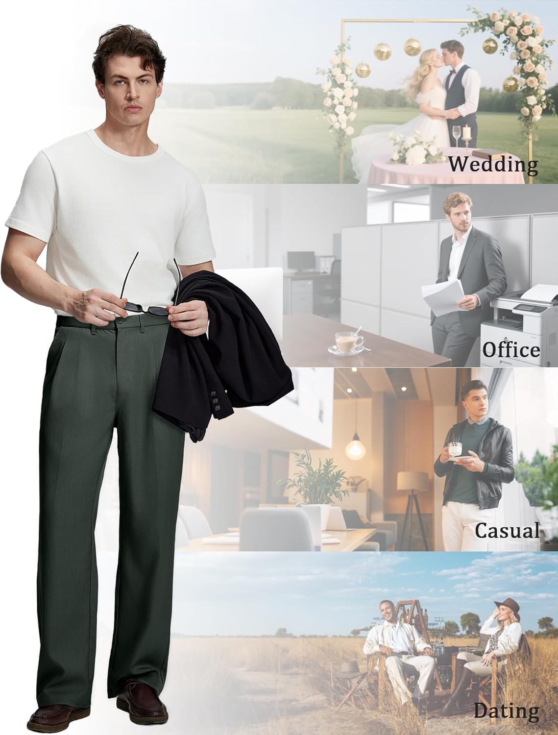 Susclude Mens Casual Dress Pants Old Money Pleated Baggy Wide Leg Slacks Vintage Stylish Relaxed Fit Work Trousers - Image 7