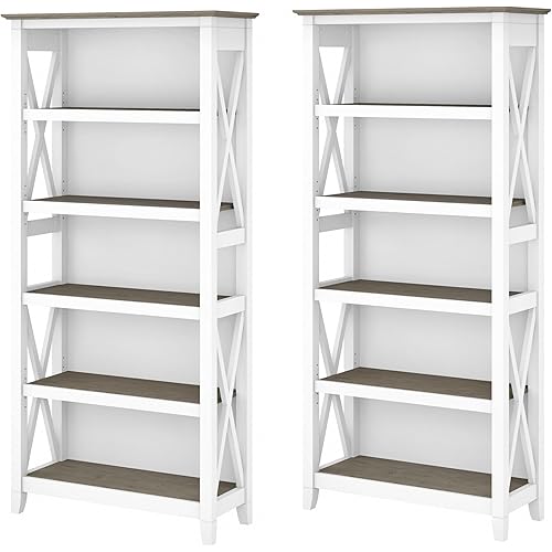 Bush Furniture Key West 5 Shelf Bookcase - Set of 2 | Tall Bookshelves in Pure White and Shiplap Gray | Sturdy Display Shelves for Library, Living Room, and Home Office