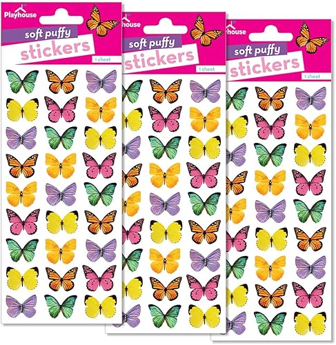 Miniatura 3 de Playhouse Paquete de 3 hojas de calcomanías suaves y hinchadas de 27 piezas para manualidades, comercio y colección, mariposas arcoíris