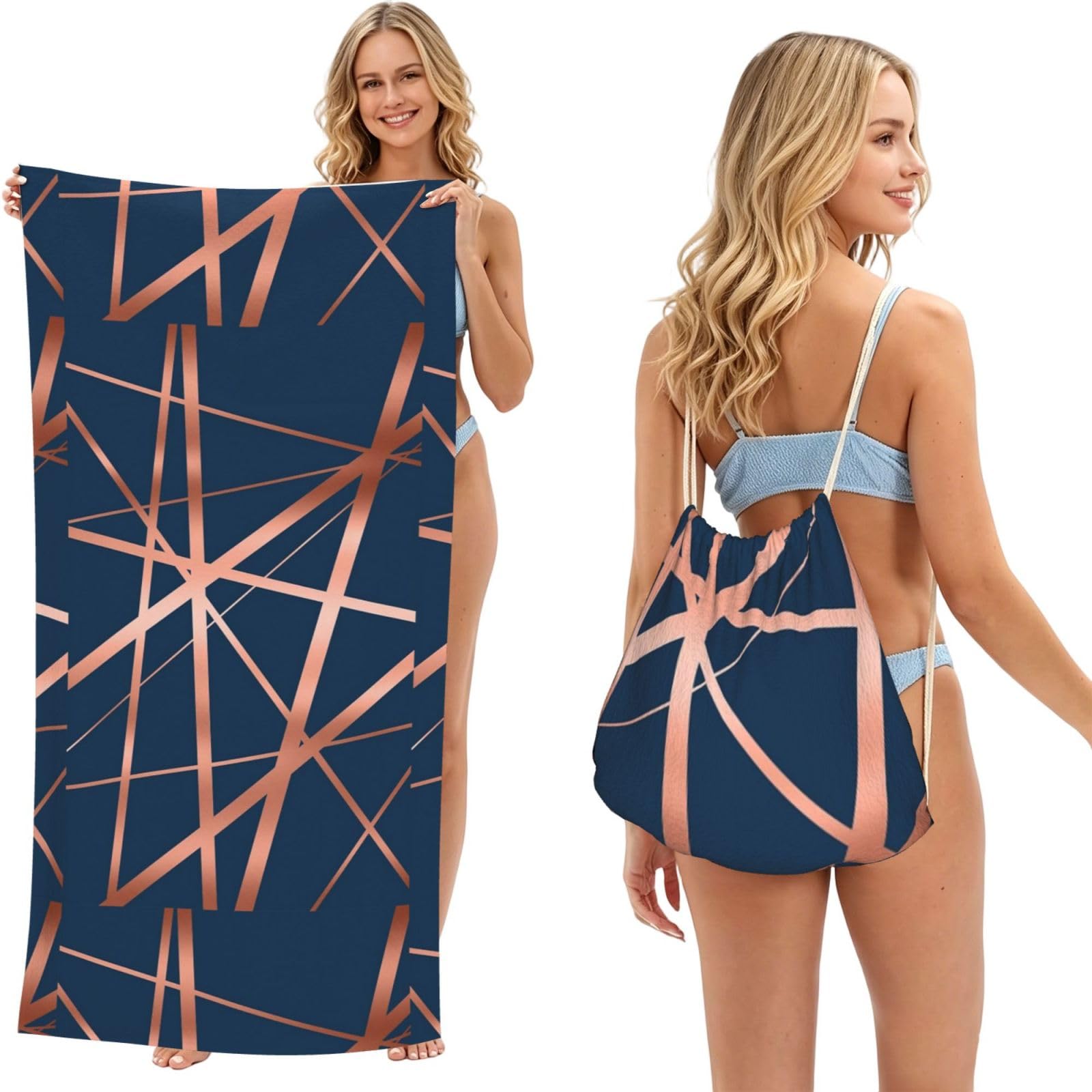 Poadnly As Picture Navy And Copper Luxe, 2 In 1 Packable Towel Bag, Beach Towels With Drawstring Backpack For Travel Holiday Camping