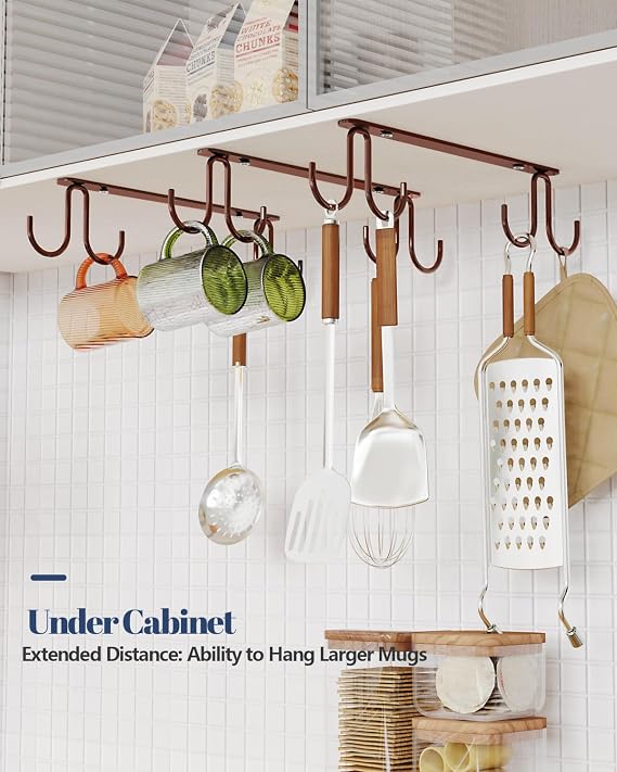 Luckinow Mug Hooks Under Cabinet 3 Pack, Coffee Cup Hooks for Hanging Under Shelf, Mug Organizer Rack with 12 Hooks for Displaying Mugs, Coffee Cups and Kitchen Utensils, Brown