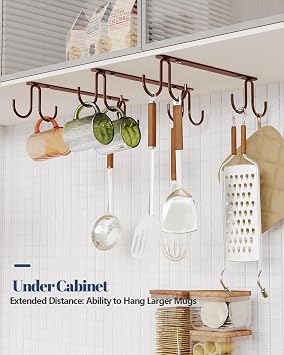 Luckinow Mug Hooks Under Cabinet 3 Pack, Coffee Cup Hooks for Hanging Under Shelf, Mug Organizer Rack with 12 Hooks for Displaying Mugs, Coffee Cups and Kitchen Utensils, Brown