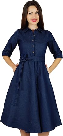 Bimba Womens Blue Denim Chambray Casual Shift Dress Summer Dresses