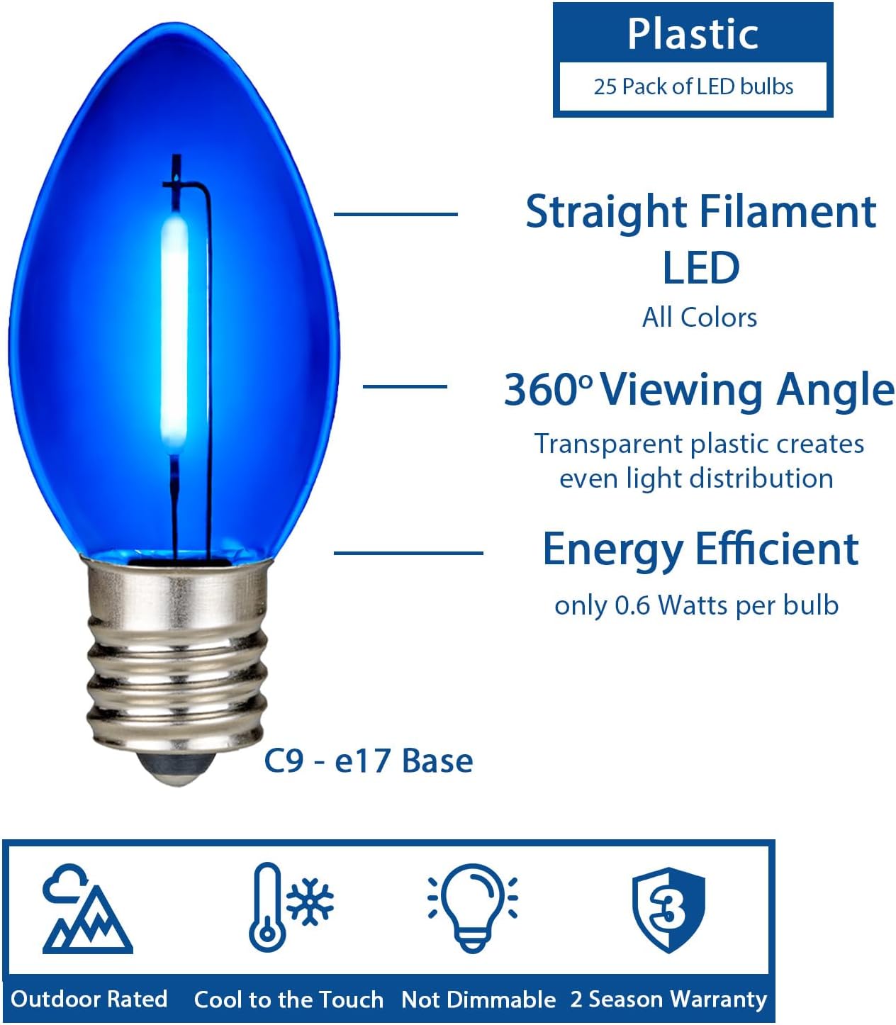 Novelty Lights 25 Pack C9 LED Filament Bulbs, Blue Shatterproof Plastic Replacement Christmas Lights, E17 Base for Indoor/Outdoor Strings, Dimmable, 0.6W 10,000 Hour Life