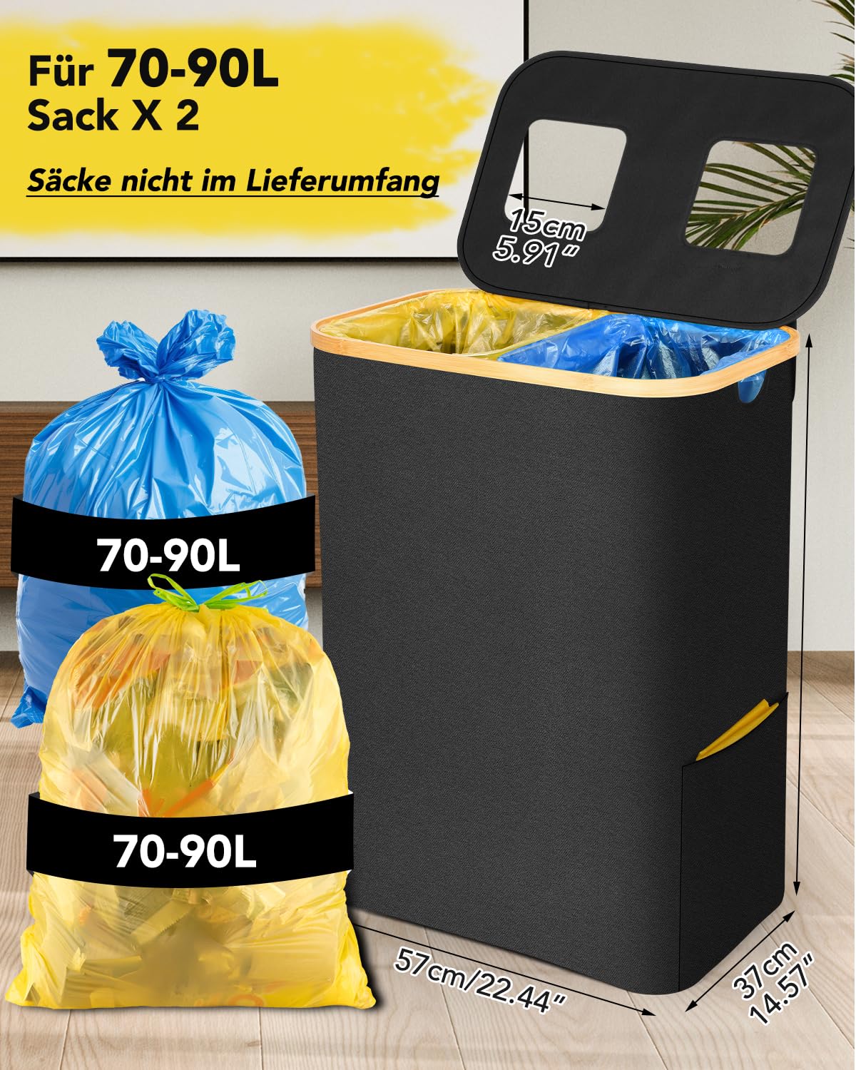 SOUTHGATE 160L Gelber Sack Ständer aus 900D Oxford-Stoff, Mülleimer 2 Fächer zur Mülltrennung mit Bambusdeckeln für Küche & Haushalt, passend für 70-90L Müllsäcke [Ohne Innentasche], Schwarz