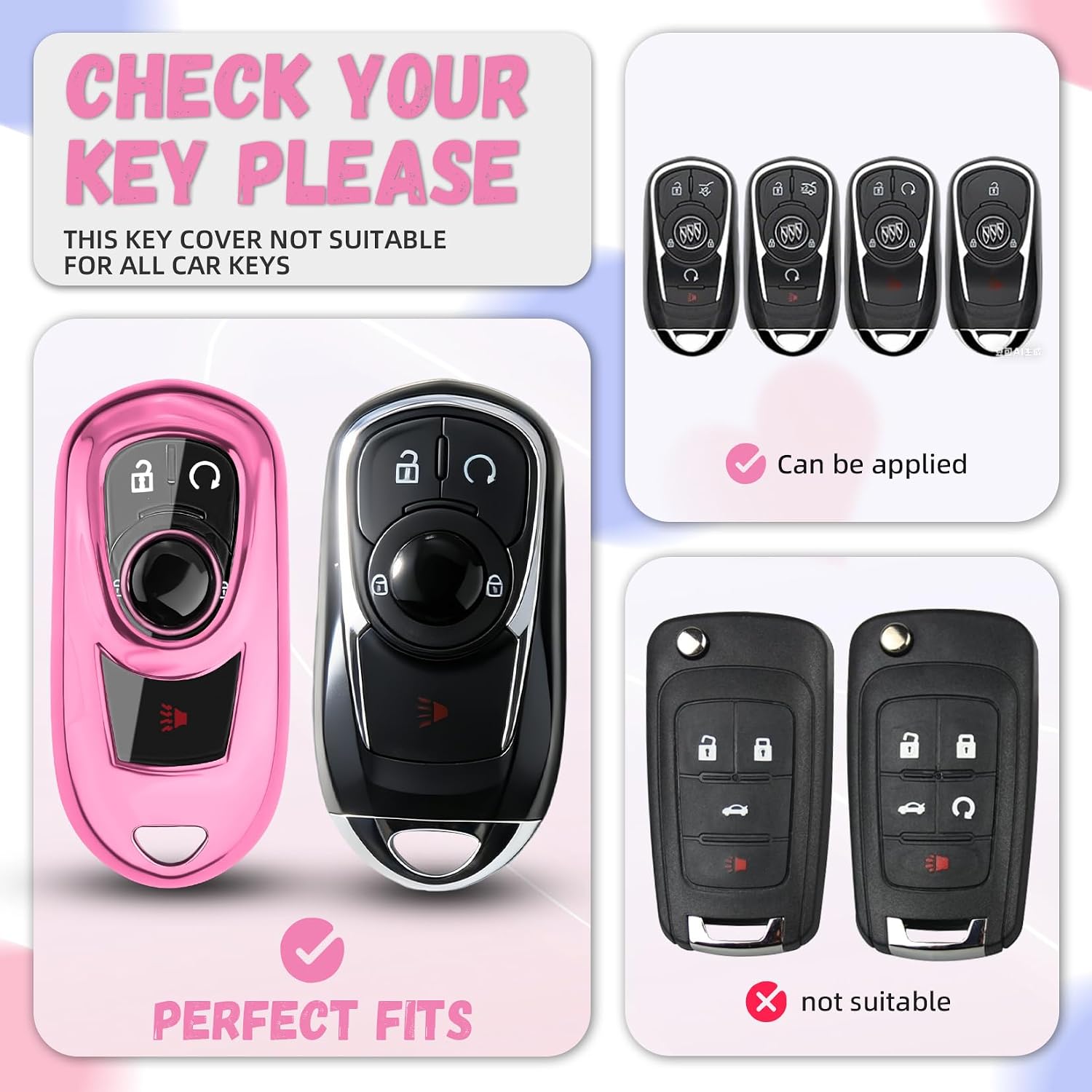 for Buick Key Fob Cover, Car Key Fob Protector Compatible with Buick Envista Enclave Encore/gx Verano Regal Lacrosse Key Fob Case Metal Keychain Remote Key Accessories (Pink)