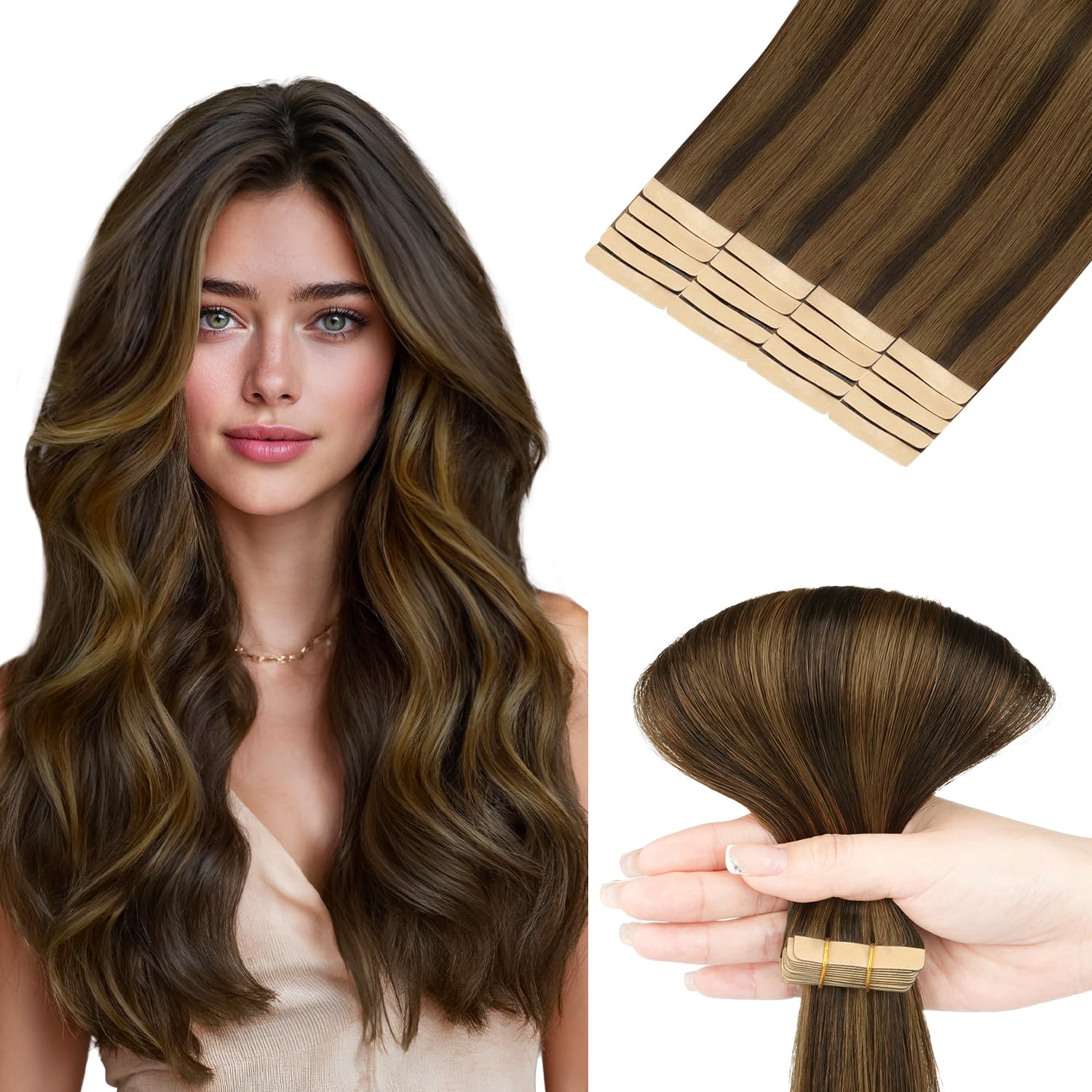Hotbanana Extensioni Capelli a nastro, 14 Pollici 20pezzi 50g Marrone scuro miscelato Marrone castano Extensioni Capelli veri umani Remy a nastro lisci