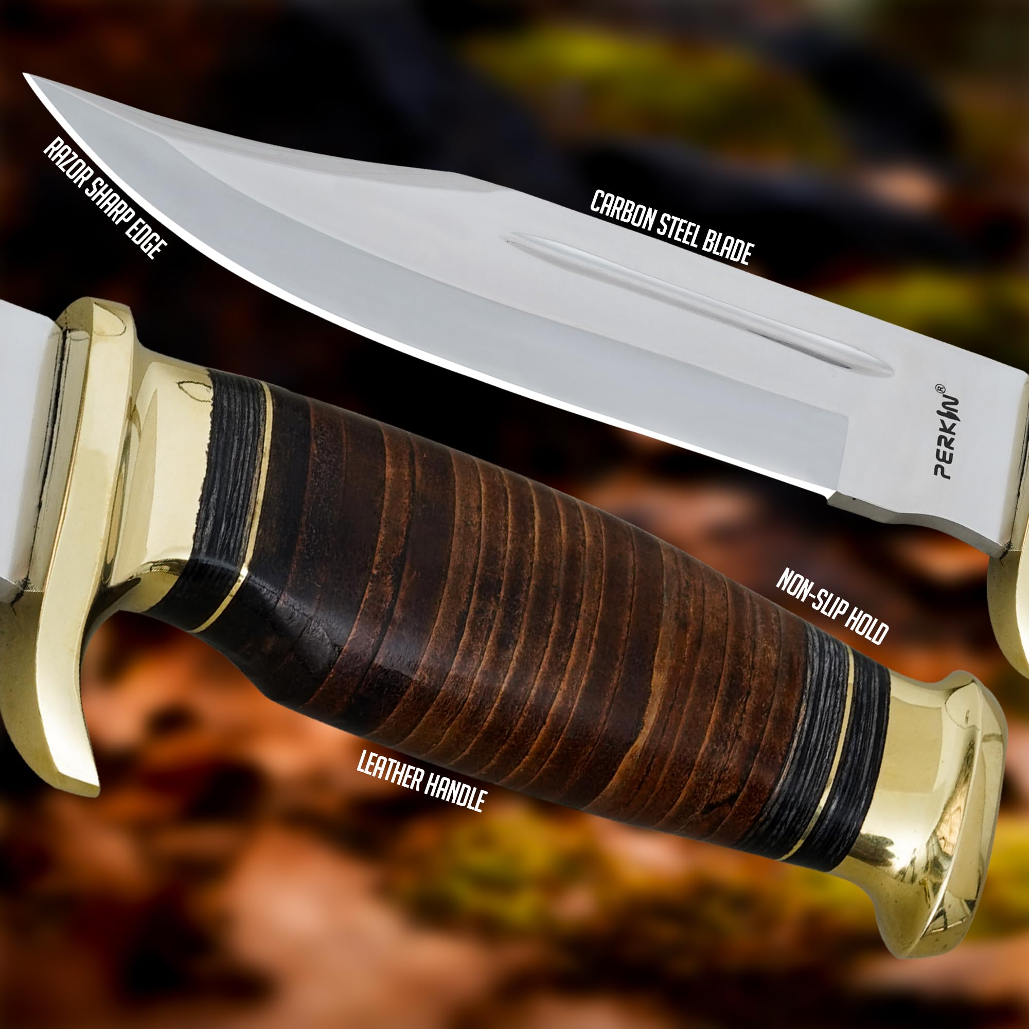 Perkin handgemachtes Jagdmesser mit Scheide - Ledergriff Bowiemesser