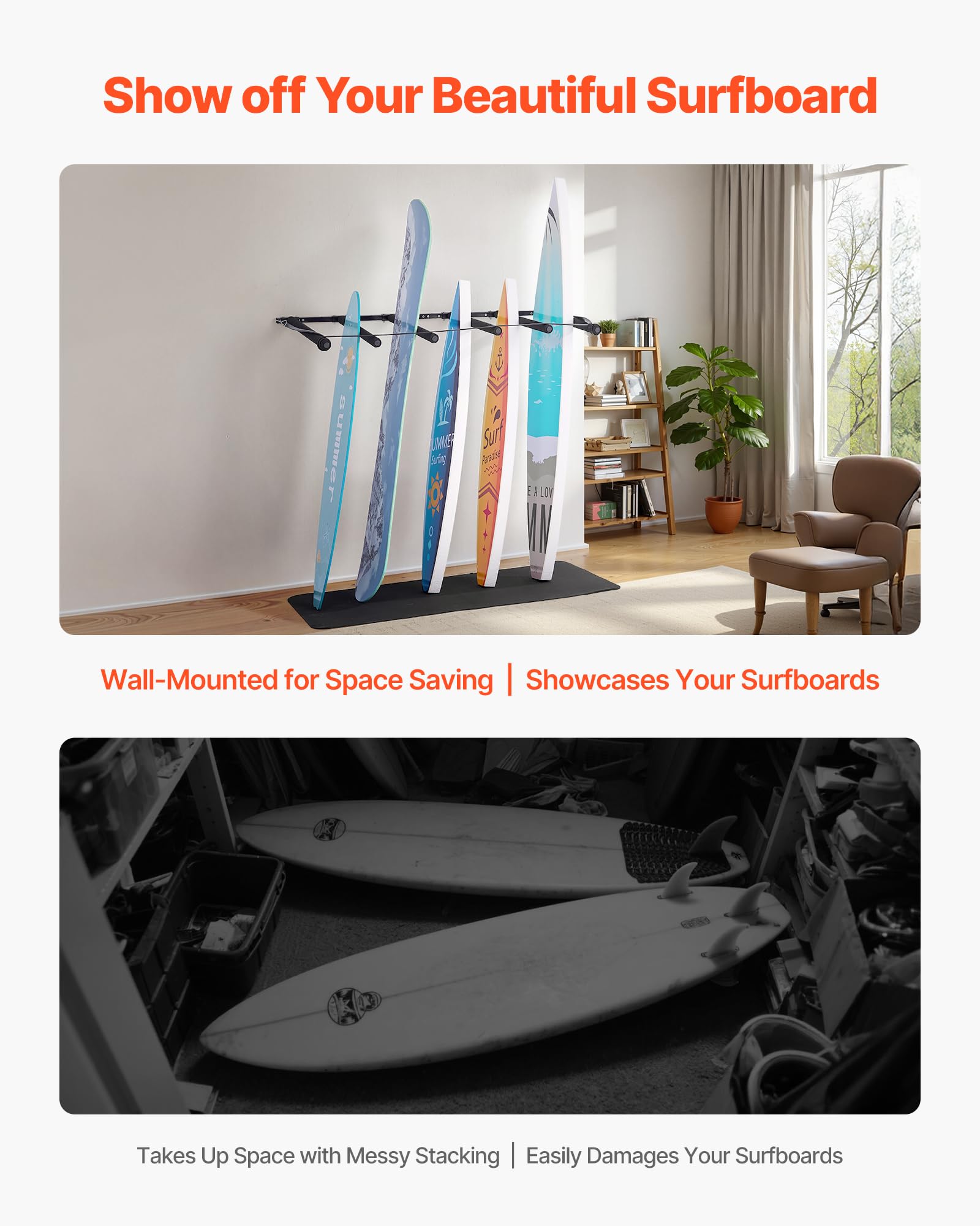 VEVOR Support Vertical pour Planche de Surf à 5 Niveaux, Support Mural pour Rangement et Exposition, Affichage réglable en métal avec Coussinet en éponge, pour Planche à Neige, Kitesurf, Skateboard