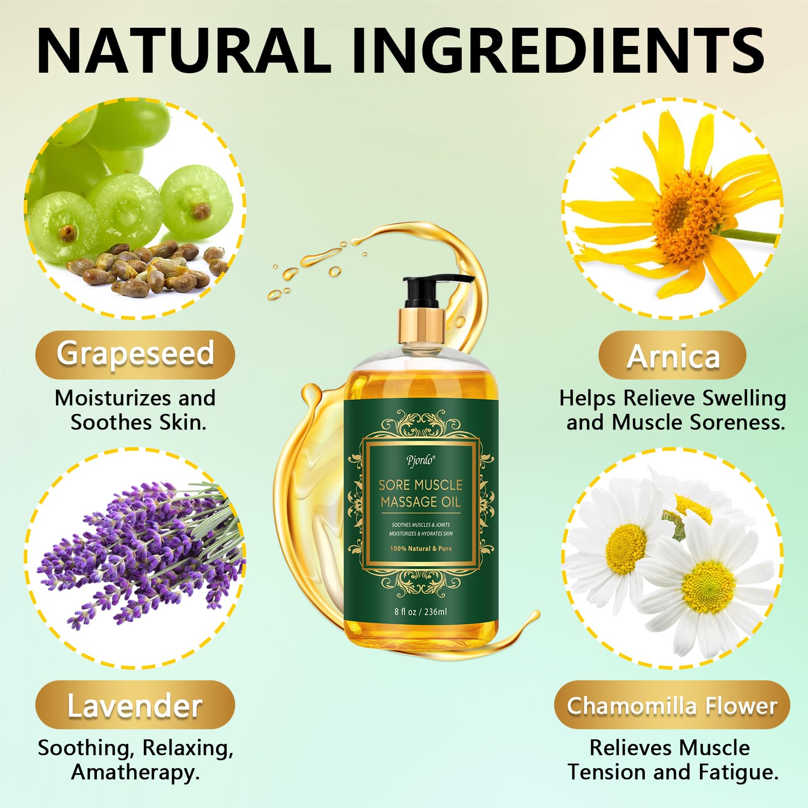 Pjordo Sore Muscle Massage Oil for Massage, with Massage Roller Ball & Thumb Saver Massager, Body Massage Oil (8 Fl Oz)