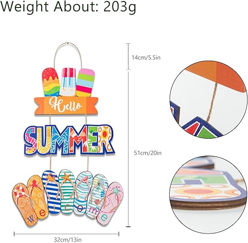 Miniatura 3 de Letrero colgante de 3 piezas con texto en inglés Hello Summer para puerta de playa, letrero de bienvenida de madera, decoración de verano, para el