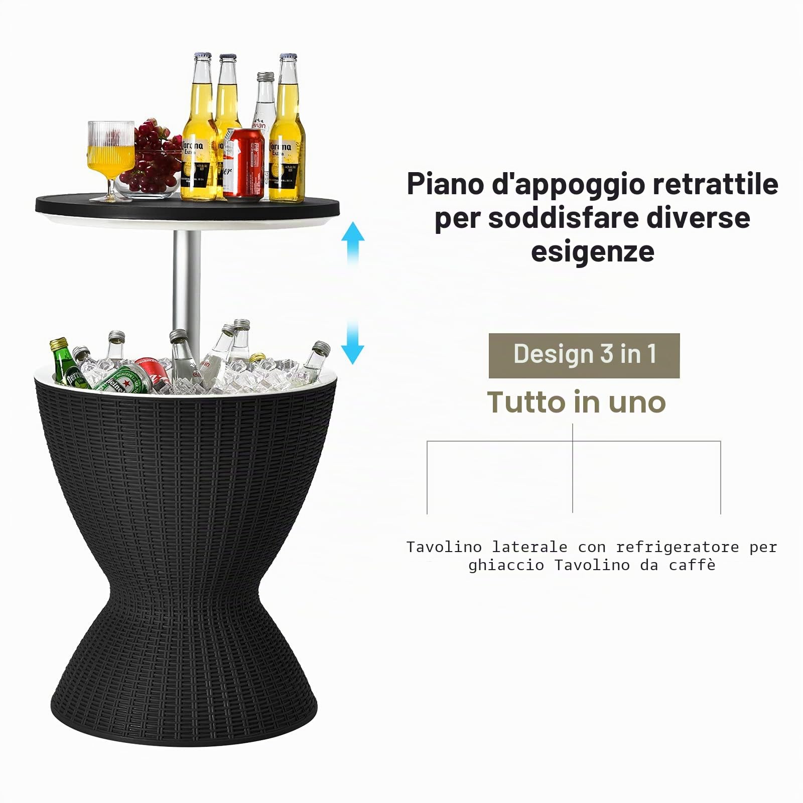 GYMAX Tavolino Frigo 30L, Secchiello Ghiaccio con Valvola di Scarico e Coperchio, Tavolo Portaghiaccio in Effetto Rattan Resistente alle Intemperie, per Feste in Piscina e Barbecue (Nero)