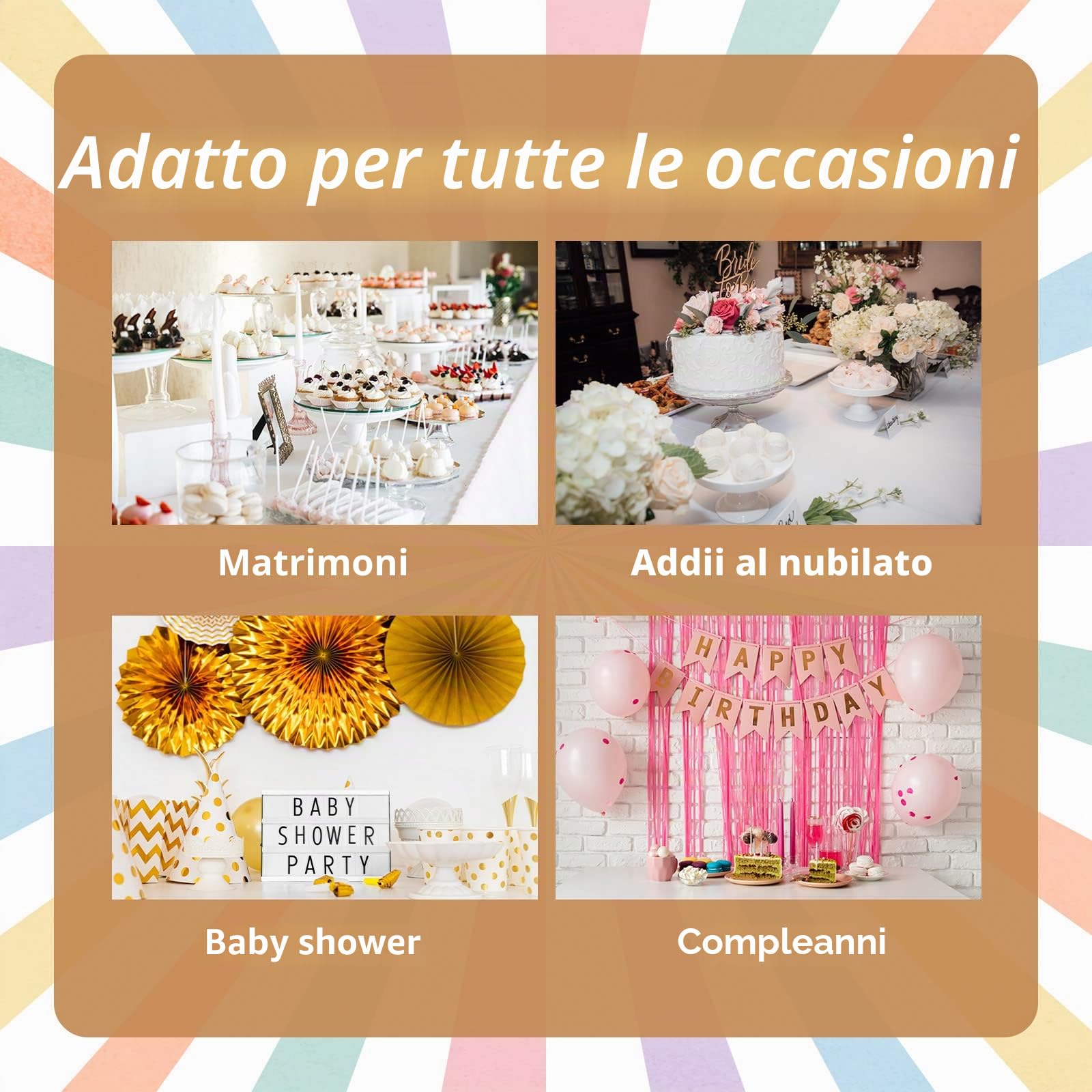 Confettiville Piatti di Carta Artistici, Confezione da 50, Piatti di Carta Usa e Getta, Bordo Scallopato in Foglia d'Oro, Pastello a Strisce, 6 Colori, 23 cm