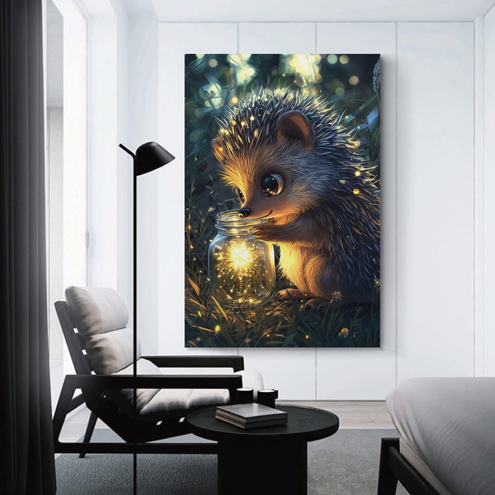 Junmoney Hedgehog with Firefly Jar Canvas Wall Art, 20x30inch(50x75cm), for Workspace Walls, Study Corners Or Bedrooms, An Interior Accent for Desk Areas
