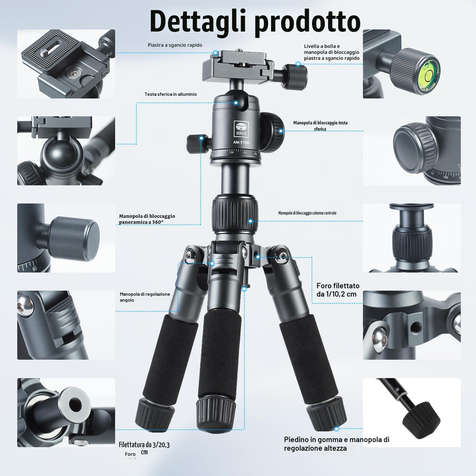 SIRUI Mini Treppiede da Tavolo Compatto, 50,8 cm Treppiede Portatile Piccolo in Alluminio con Testa Sfera a 360° e Supporto per Telefono per DSLR, Fotocamera, Telefono, Carico Fino a 10kg, AM-TT50