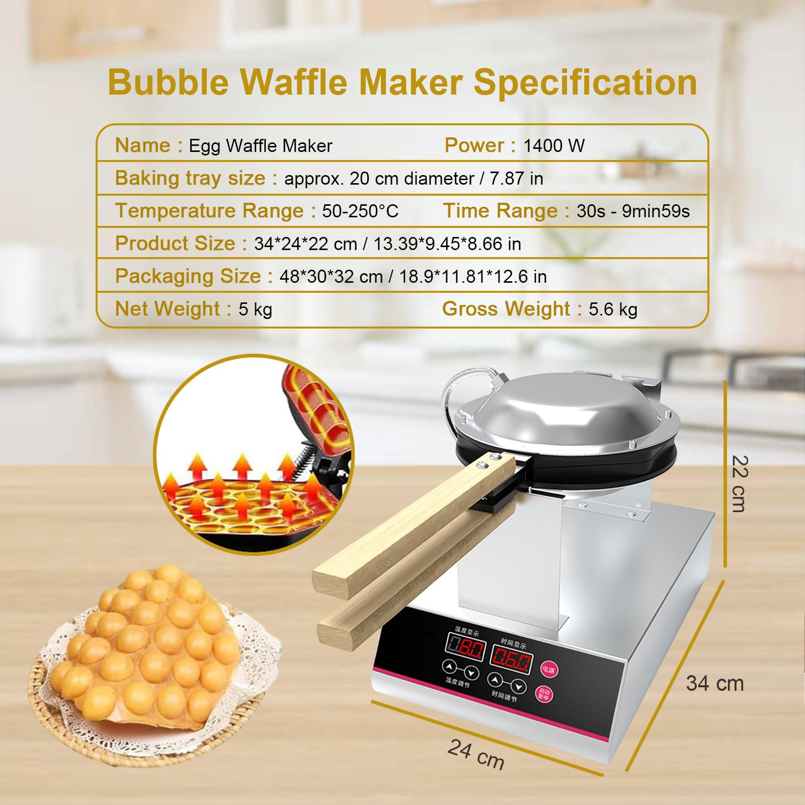 Nueva Gofrera De Burbujas con Rotación De 180°, Doble Calentamiento Y Temporizador Ajustable (0-9 Min), Gofrera Profesional Tipo Huevo, Bandeja Antiadherente De Teflón,SingleHead