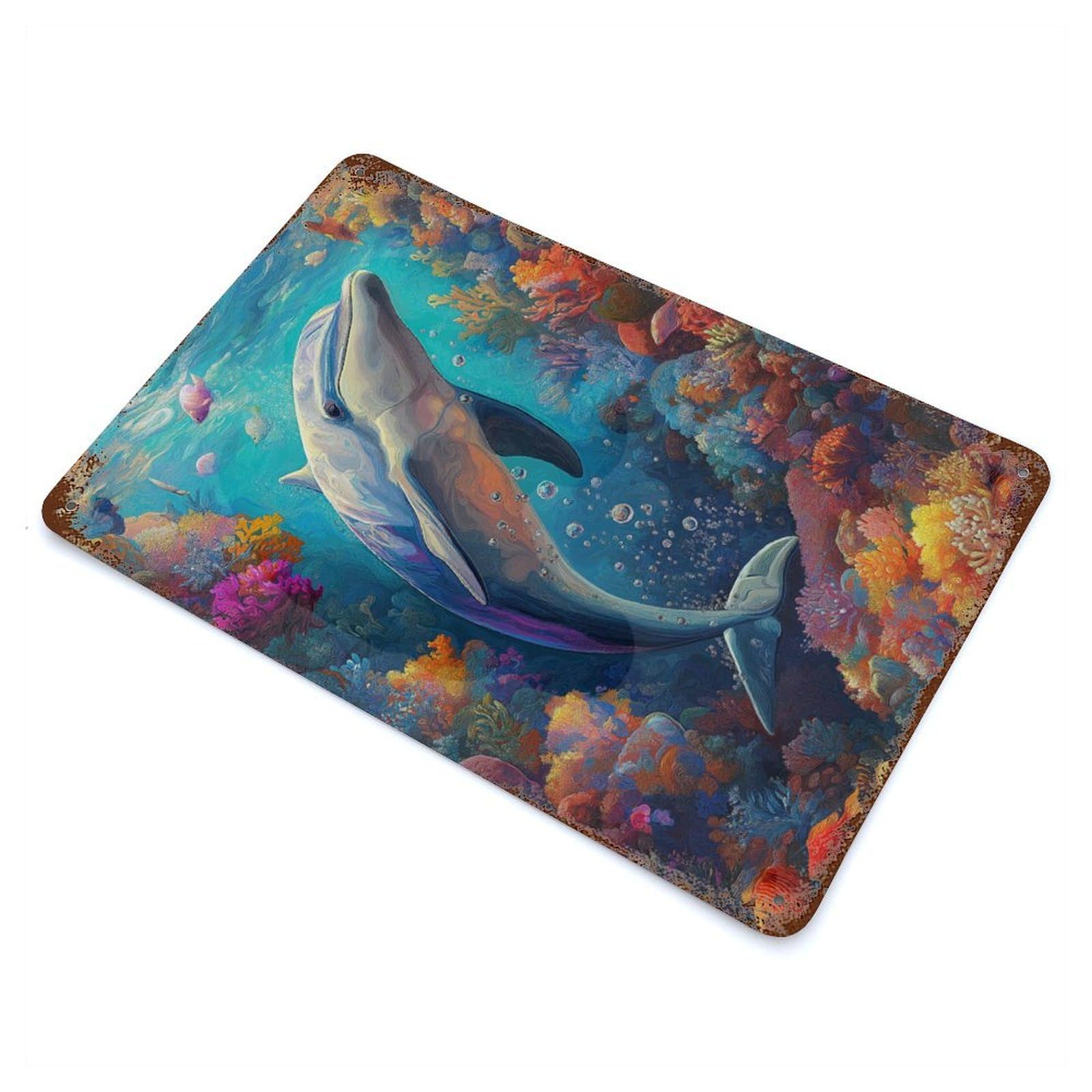 The Jumping Dolphin Distressed Metal Wall Sign 11.8"x7.9", Ideal for Garage, Bar And Workshop Decor