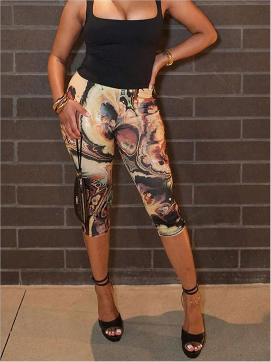 GORGLITTER Women's Marble Print Capri Leggings High Waisted Yoga Cropped Pants