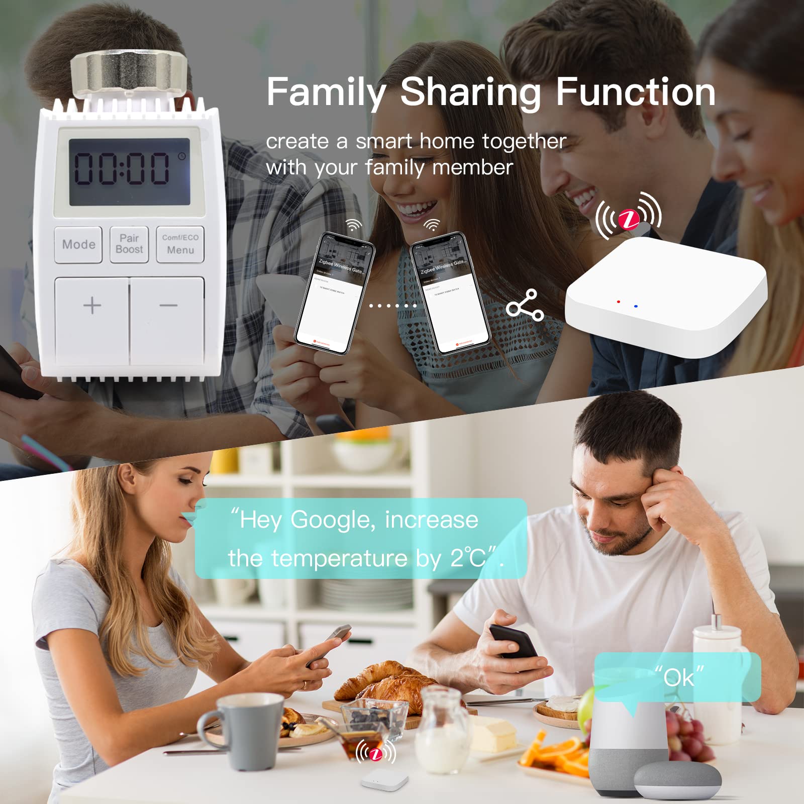 BSEED Smart Home 1-pak WiFi termostat ogrzewanie z koncentratorem Zigbee ECO, oszczędność kosztów ogrzewania, zawór termostatu grzejnika, kompatybilny z Alexa Google Home Tuya, wyświetlacz LCD, bez baterii