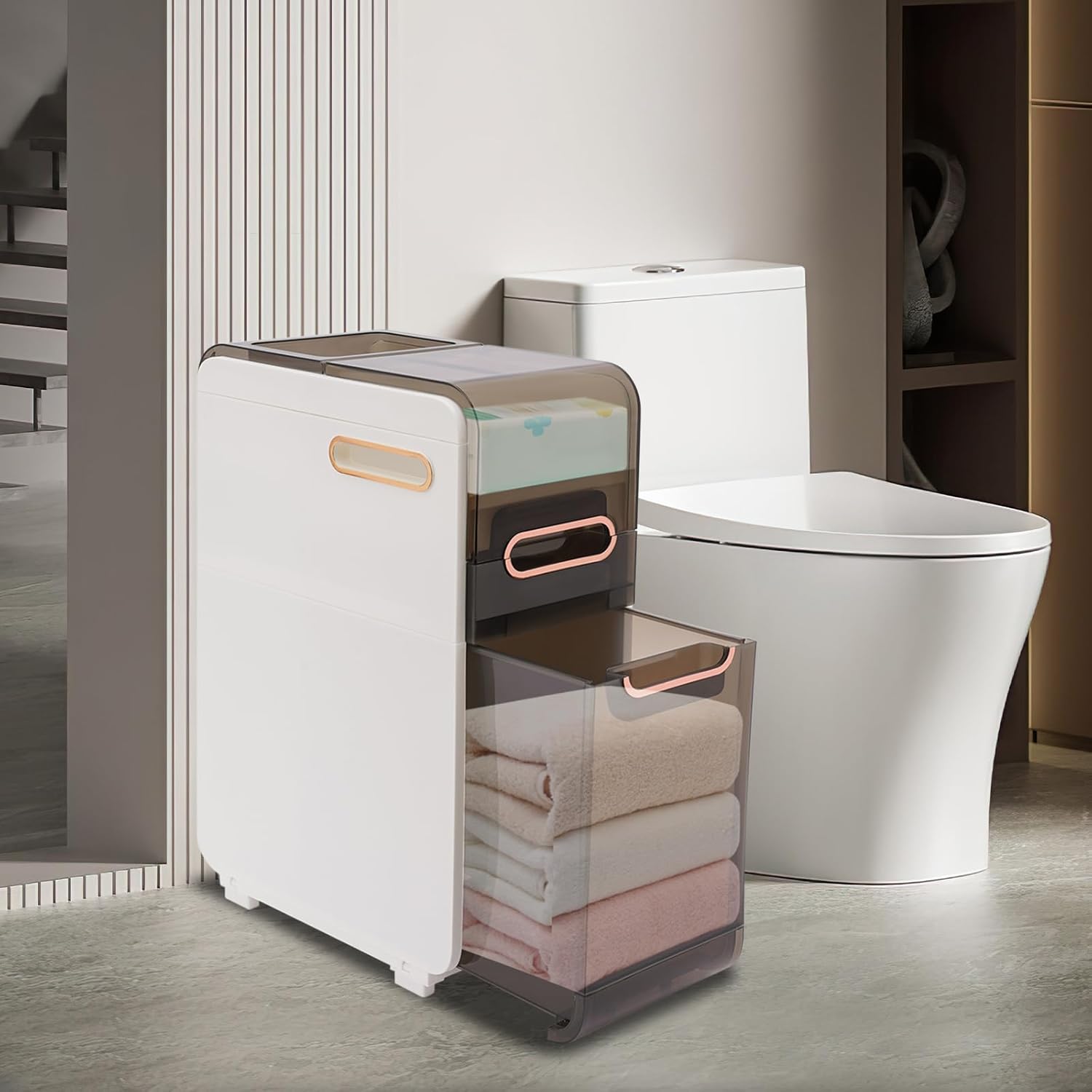 Slim Bathroom Floor Cabinet with 2 Drawers, Narrow Storage Cabinet Small Toilet Paper Holder Mobile Cabinet with Wheels Freestanding Nightstand for Bathroom Living Room