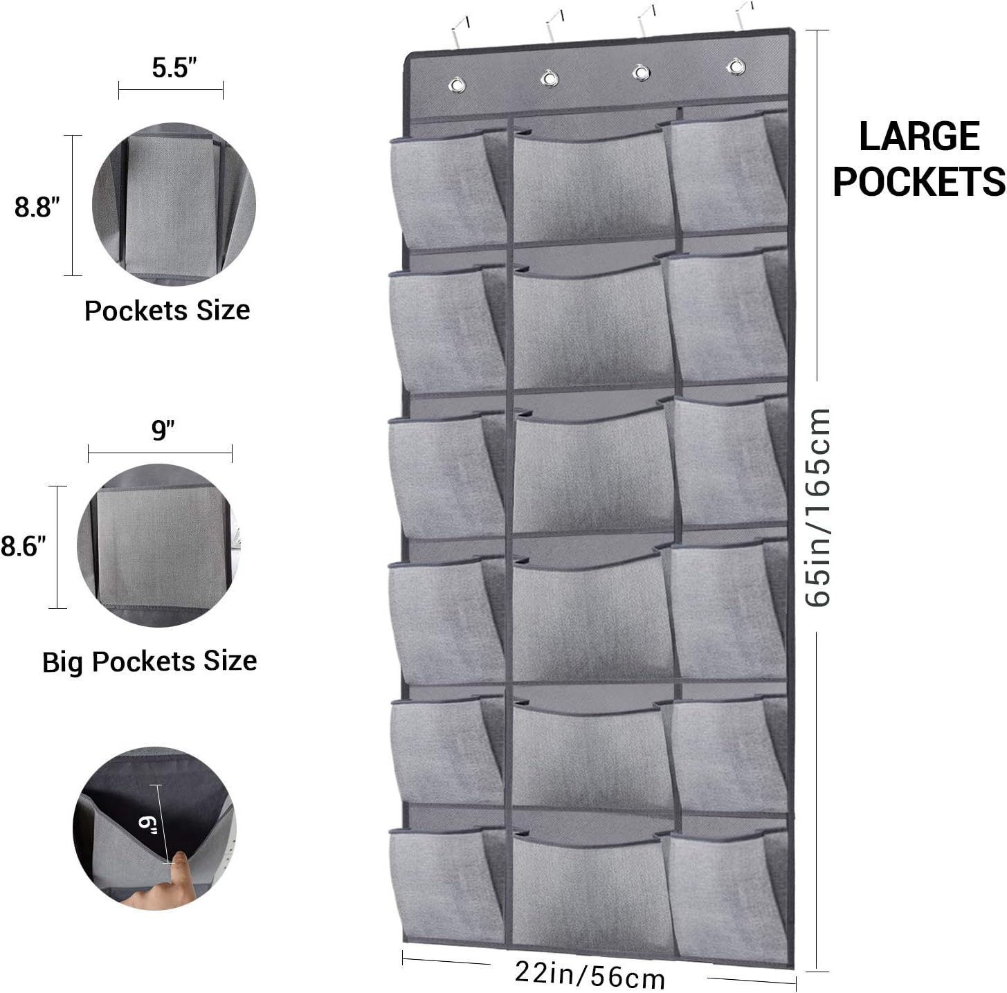 Over the Door Shoe Organizer Rack 2 Pack, 8 Hooks, 24 Large Pockets + 12 Extra Large Pockets for Organizing Shoes, Kids' toys, Mittens, and Scarves-Gray