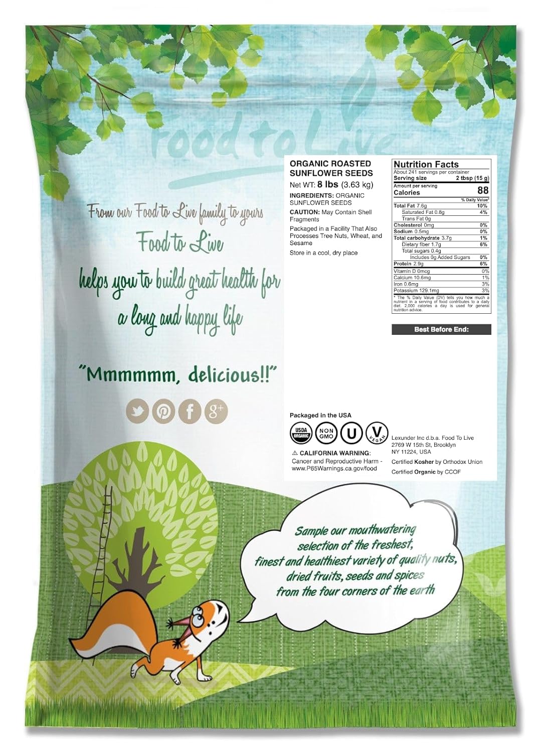 Food to Live Organic Dry Roasted Sunflower Seed Kernels, 8 Pounds Non-GMO, Unsalted, Oven Roasted, No Oil Added, Hulled, No Shell, Vegan, Kosher, Keto. Rich in Protein and Healthy Fats. Tasty Snack