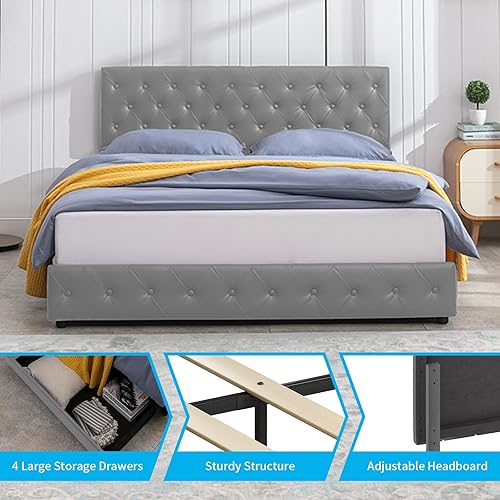 Miniatura 3 de Mjkone Base de cama tapizada de plataforma matrimonial con 4 cajones de almacenamiento, marco de cama moderno de piel sintética con cabecera