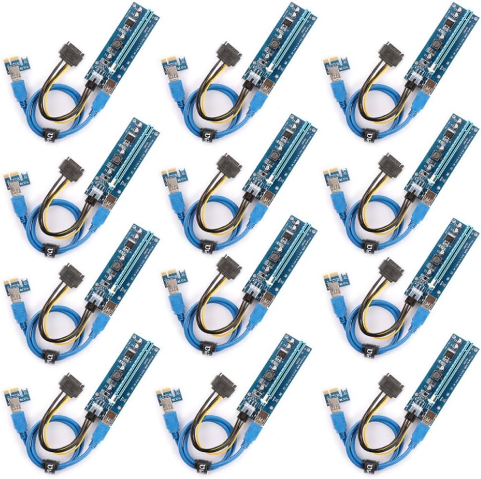 12-PCS PCI-E Riser for BitcoinLitecoin coin PCIe VER 006C 6 PIN 16x to 1x Powered Riser Adapter Card 6-Pin PCI-E to SATA Power Cable GPU Riser Adapter Extender Cable- Ethereum Mining ETH