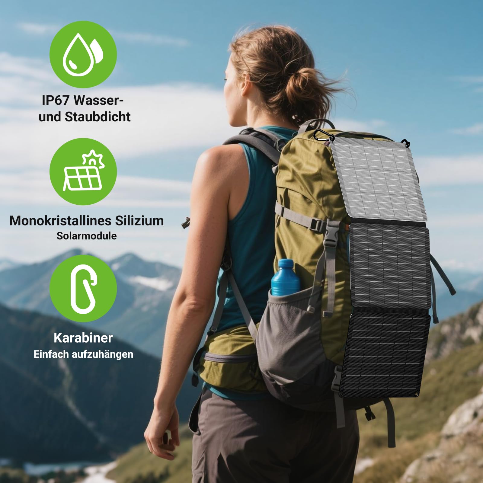 Pannello solare pieghevole da 30 W, con 3 porte (USB-C + USB-A+DC), IP67, impermeabile e portatile, pannello solare per cellulare, pannello solare all'aperto, caricatore da campeggio per