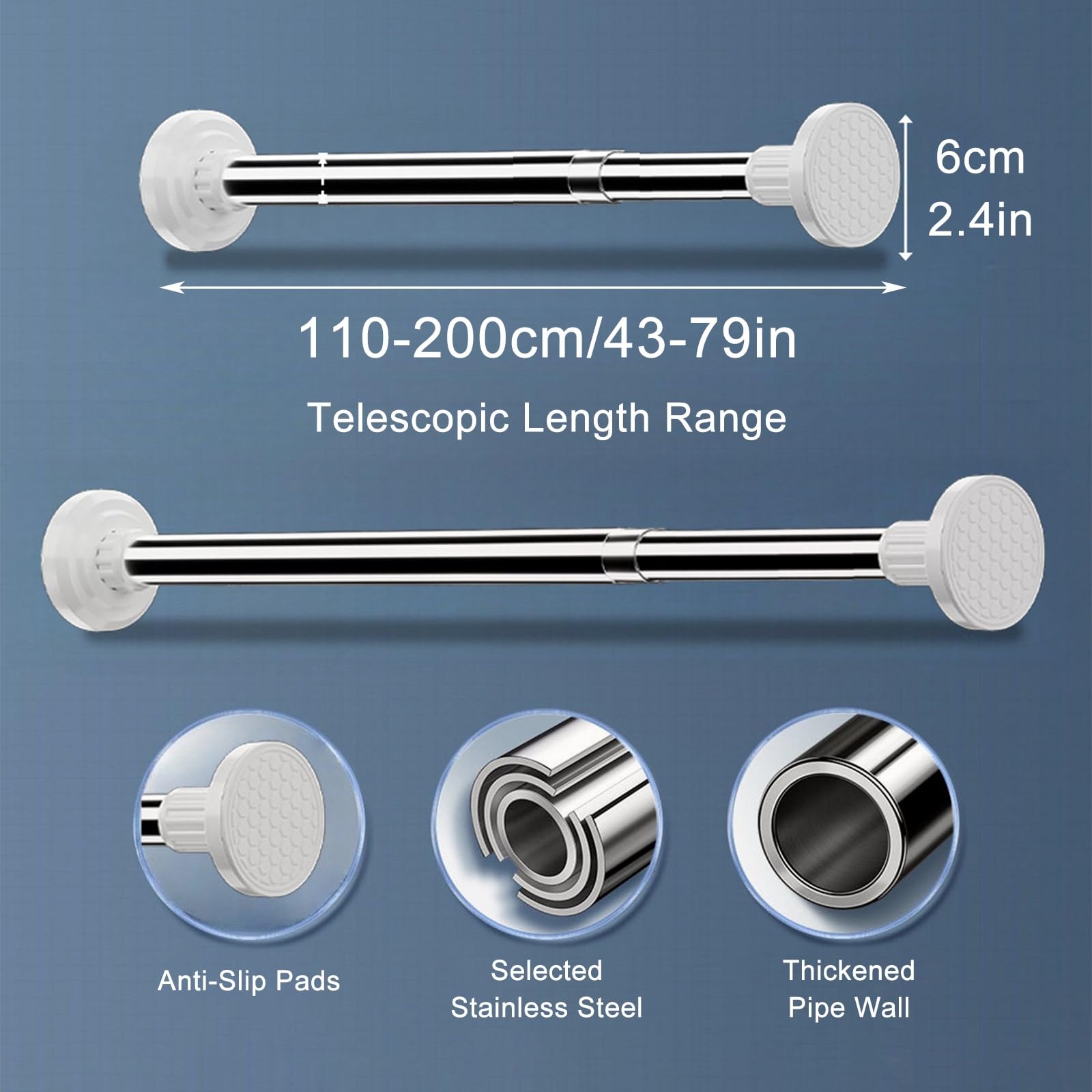 Barra Cortina Sin Taladrar de Taladrar con Base Desmontable, de 50 a 280 cm | Barra Armario Extensible Ajustable con Almohadillas Antideslizantes para Baño y Cortinas Estándar(110-200cm/43-79in)