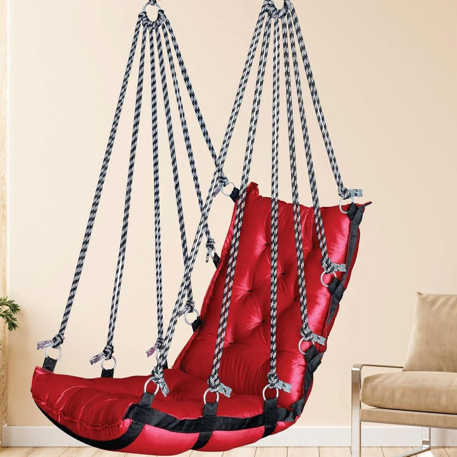 JULJULIA Swing for Balcony Comfortable Cotton Swing Relaxing Jhula for Adults for Home Indoor Outdoor Hanging Seat for Apartment Patio Terrace Garden- 200 kg Weight Capacity - Plain Low RED