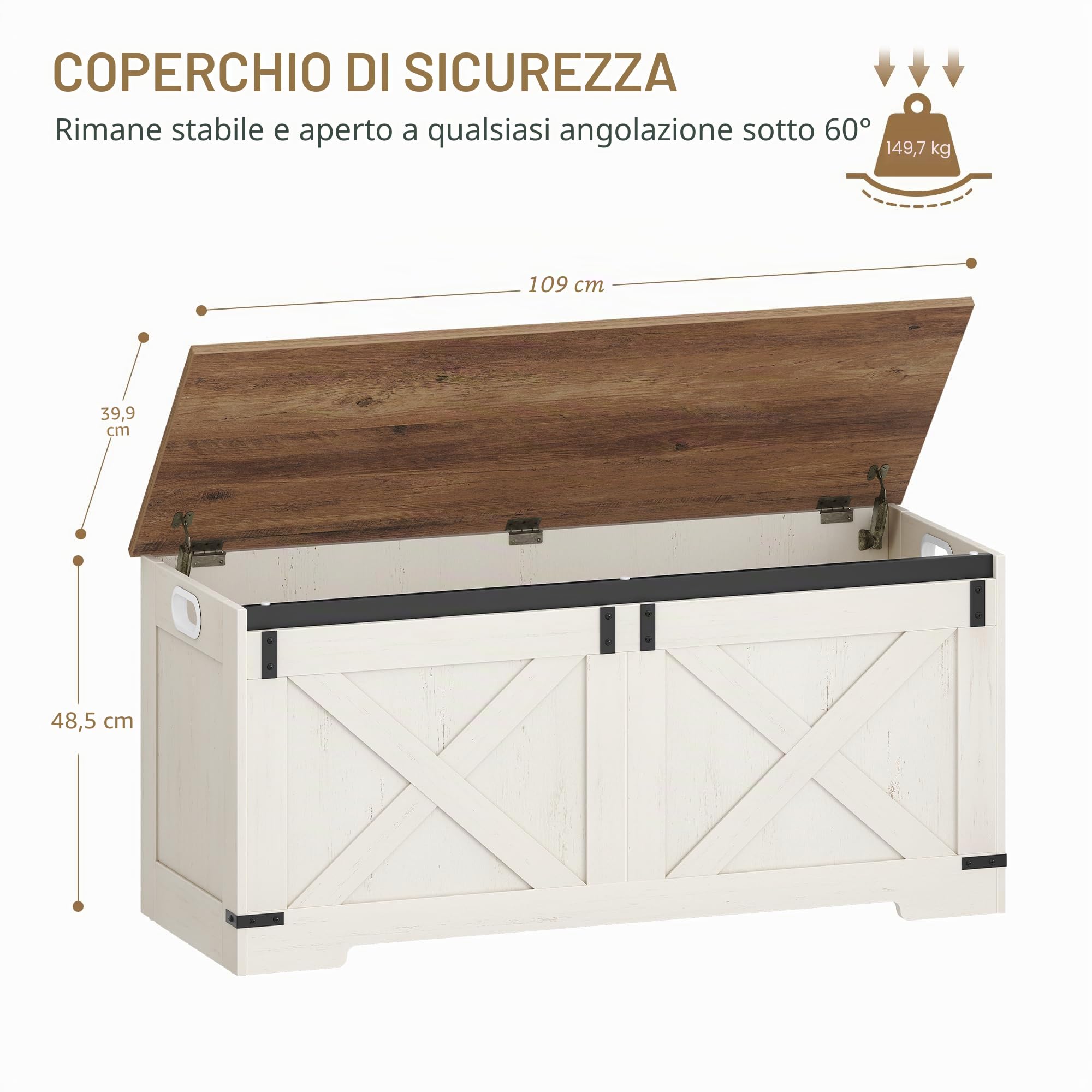 Hzuaneri Cassapanca da 109 cm, Cassapanca Contenitore con Cerniere di Sicurezza, Armadio da Deposito 40 x 109 x 48,5 cm, per Ingresso Camera da Letto Soggiorno, Bianco Marrone SB10914X