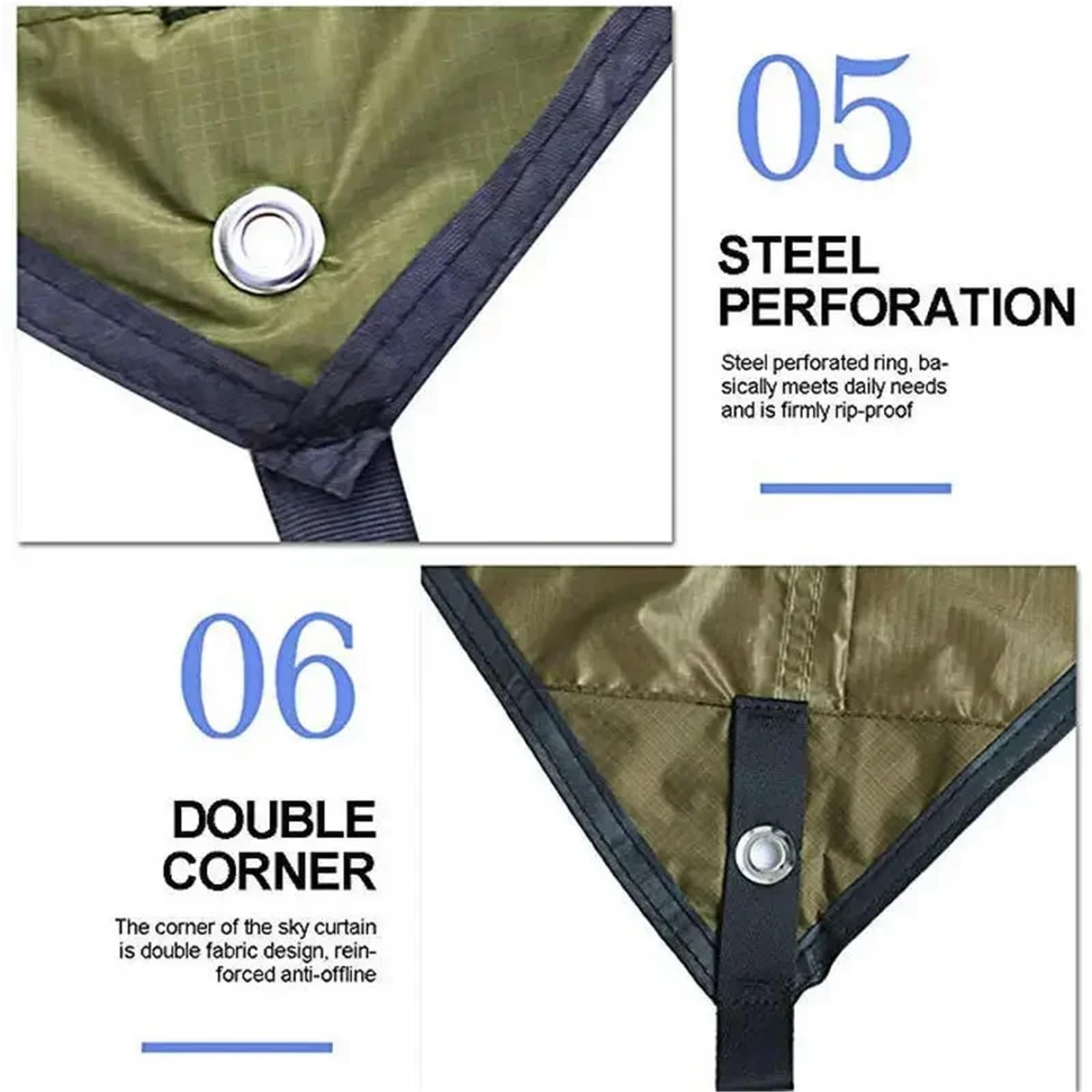 Bâche imperméable 350 x 280 cm - Tente de camping - Hamac - Anti-UV - Auvent de jardin - Pare-soleil ultra léger (kaki)