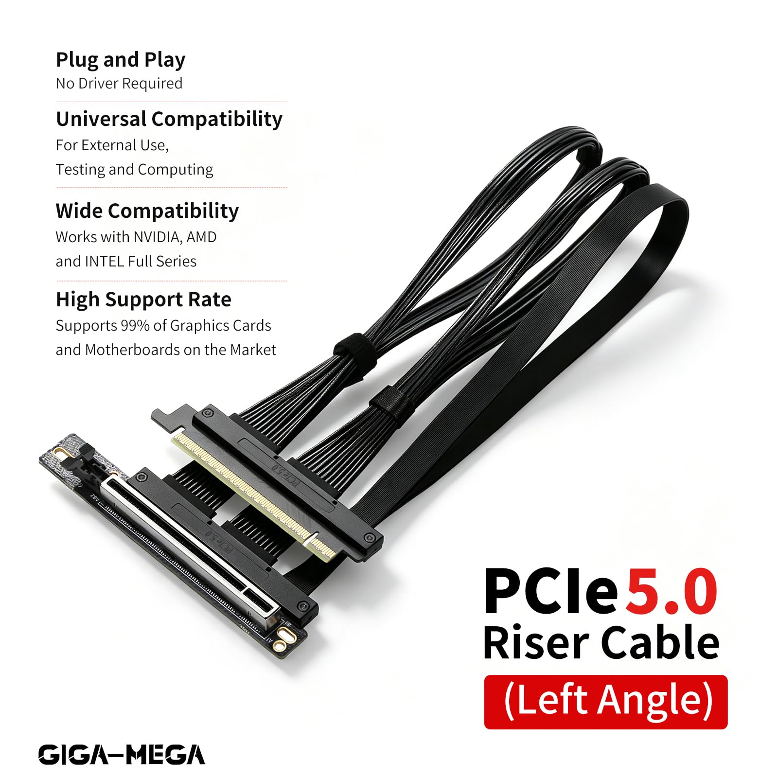 Cavo riser PCIe 5.0 X16 ad angolo retto a sinistra, cavo flessibile dritto per server AI, lunghezza 50-60 cm, bianco e nero (bianco, angolo retto, 50 cm)