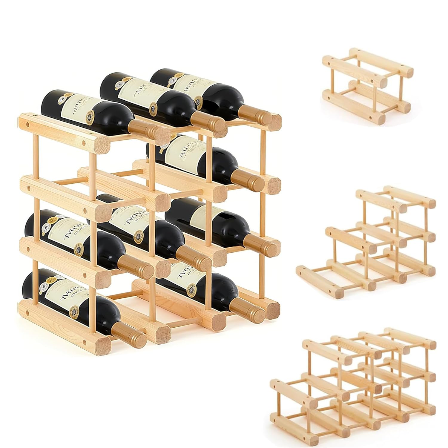 HechoVinen Wood Wine Rack,12 Bottles Wine Holder Storage Shelf,4 Tier Small Freestanding Wine Storage Display Shelf for Countertop, Kitchen, Bar, Cellar